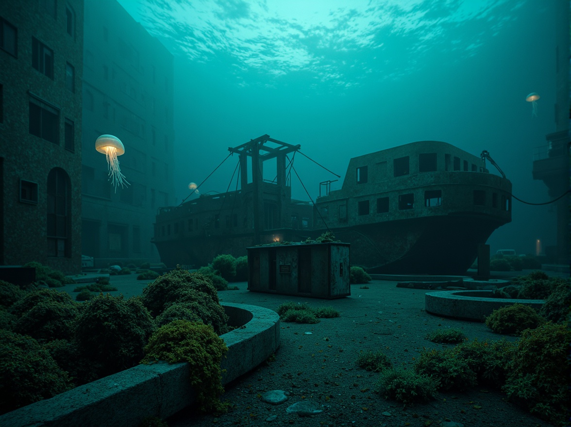 Prompt: Mysterious underwater scene, dark cyan hues, eerie bioluminescent creatures, glowing jellyfish, abandoned shipwreck, rusty metal debris, seaweed-covered rocks, misty ocean atmosphere, soft blue-green lighting, shallow depth of field, 1/2 composition, cinematic mood, realistic water textures, subtle ambient occlusion.