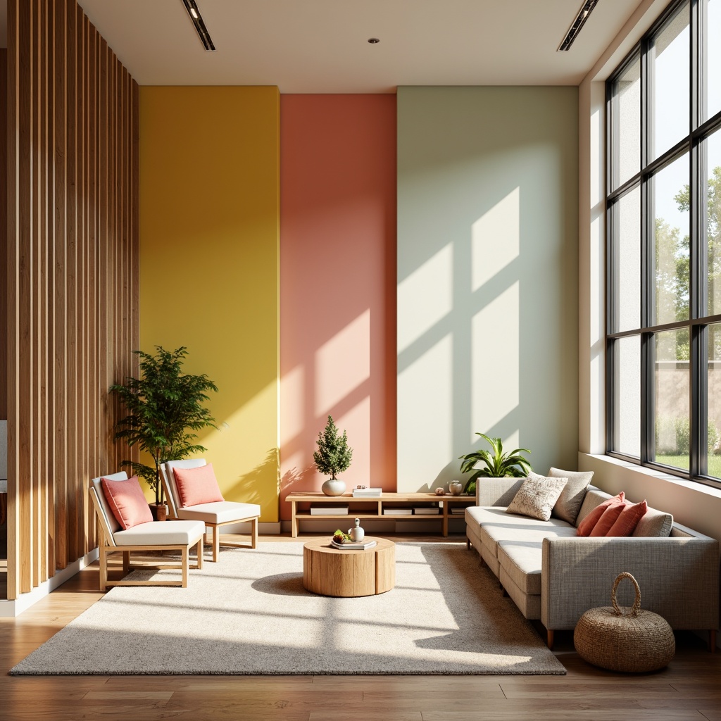 Prompt: Vibrant modern interior, bold accent walls, pastel hues, neutral backgrounds, rich wood tones, metallic accents, sleek minimalist furniture, natural textiles, abundant sunlight, soft warm glow, shallow depth of field, 1/1 composition, realistic reflections, ambient occlusion.