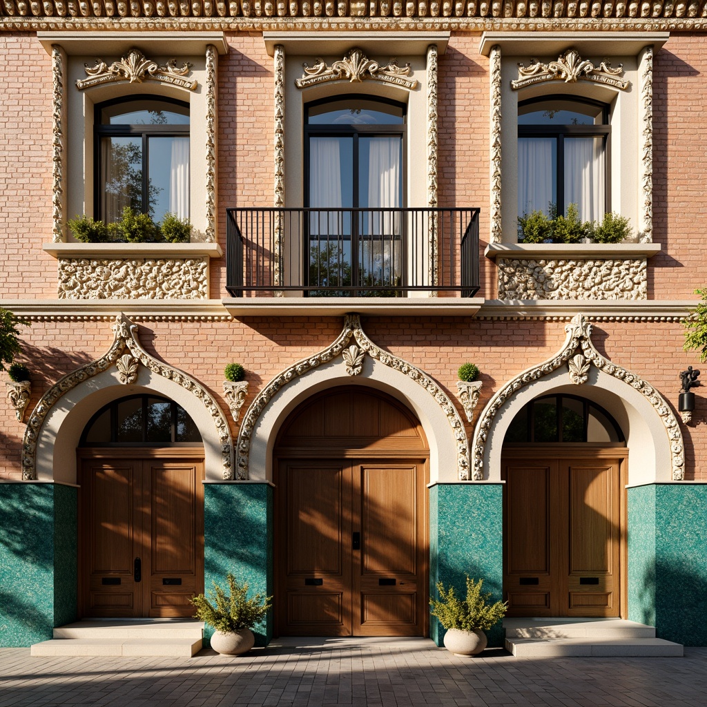 Prompt: Ornate Byzantine house facade, intricately carved stone ornaments, arched windows, ornamental brickwork, glazed ceramic tiles, vibrant turquoise accents, rustic wooden doors, adorned with metal hardware, grand entranceways, symmetrical composition, warm golden lighting, shallow depth of field, 1/1 aspect ratio, realistic textures, ambient occlusion.