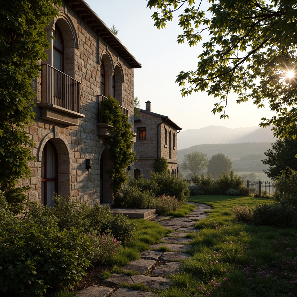 Prompt: Rustic stone buildings, arched windows, ornate carvings, lush greenery, overgrown vines, ancient trees, serene countryside, rolling hills, misty morning, warm golden lighting, soft focus, 1/1 composition, intimate atmosphere, natural textures, ambient occlusion, earthy tones, moss-covered walls, weathered stone surfaces, tranquil ambiance.