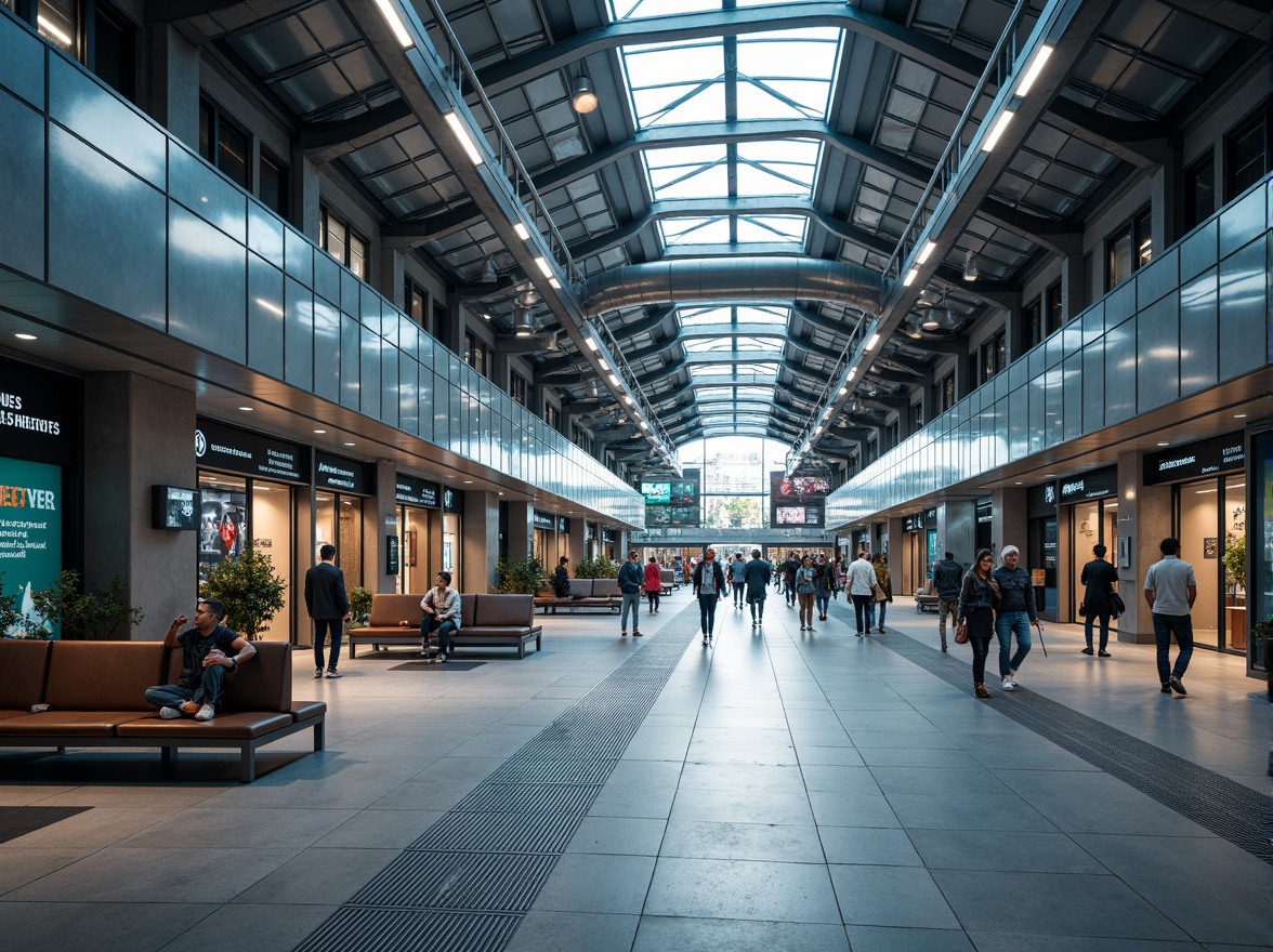 Prompt: Modern transportation hub, sleek metal fa\u00e7ade, glass roofs, polished concrete floors, industrial-style lighting, exposed ductwork, minimalist seating areas, stainless steel handrails, LED signage, dynamic digital displays, futuristic architecture, high-tech materials, metallic accents, reflective surfaces, angular lines, urban cityscape, bustling atmosphere, morning rush hour, soft natural light, shallow depth of field, 1/1 composition, realistic textures, ambient occlusion.