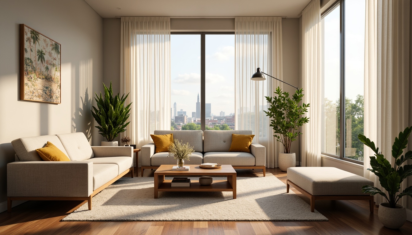 Prompt: Vibrant living room, floor-to-ceiling windows, sheer white curtains, warm natural light, soft shadows, comfortable seating area, wooden coffee table, plush sofas, greenery plants, modern minimalist decor, neutral color palette, subtle textures, 1/1 composition, shallow depth of field, realistic rendering.