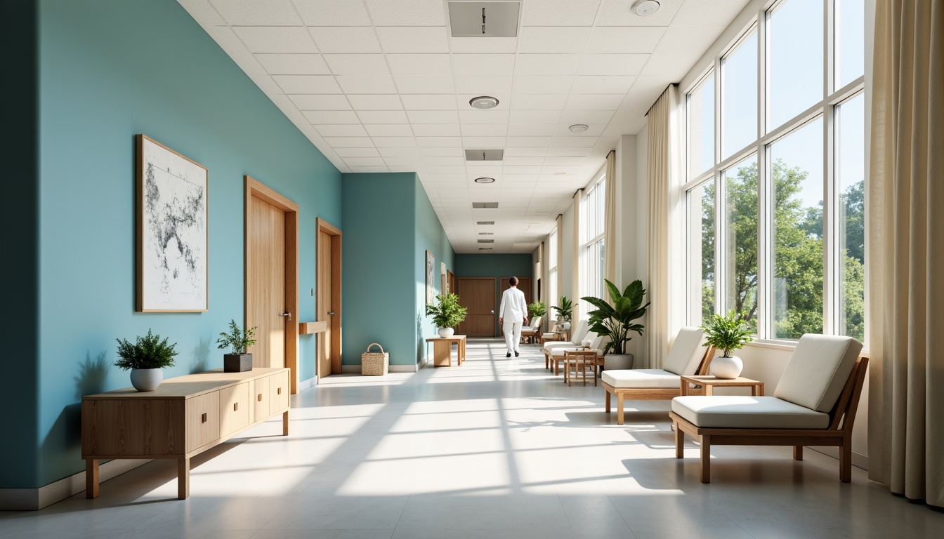 Prompt: Calming hospital corridors, powder blue accent walls, crisp white ceilings, polished steel equipment, comfortable patient rooms, soft cushioned chairs, natural wood flooring, minimalistic decor, warm beige tones, large windows, abundant natural light, serene atmosphere, shallow depth of field, 1/1 composition, realistic textures, ambient occlusion.