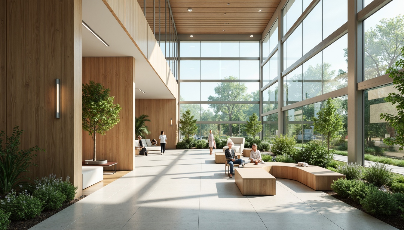 Prompt: Calming hospital interior, abundant natural light, large windows, transparent glass walls, greenery views, soothing color palette, minimal ornamentation, organic shapes, curved lines, warm wooden accents, soft LED lighting, comfortable patient rooms, peaceful waiting areas, natural stone floors, minimalist furniture, lush indoor gardens, subtle texture variations, shallow depth of field, 1/2 composition, realistic renderings.