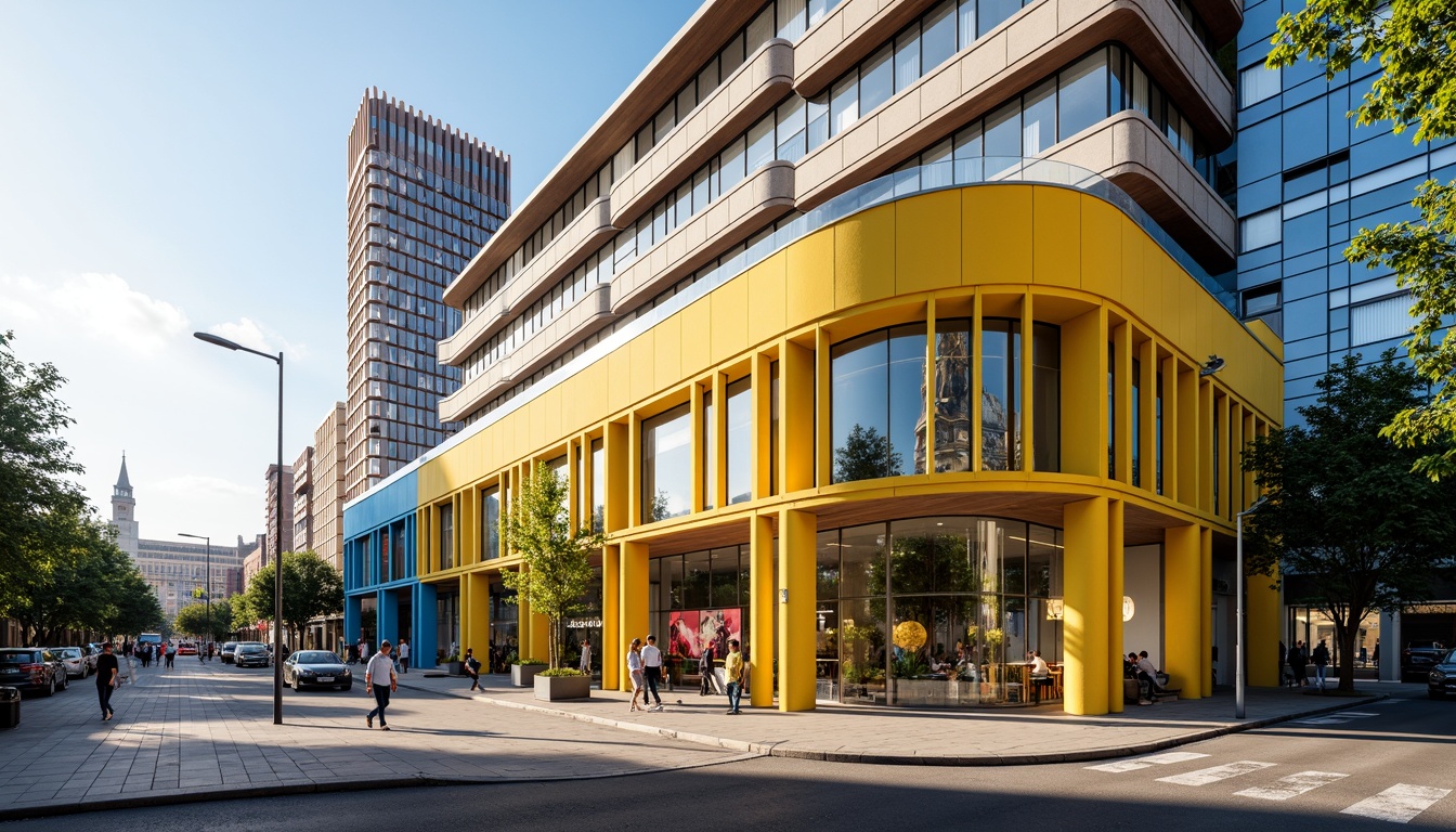 Prompt: Vibrant office building, fusion architecture, modern curved lines, sleek glass fa\u00e7ade, bold color blocking, contrasting materials, wooden accents, metallic frames, natural stone floors, urban cityscape, bustling streets, warm sunny day, soft diffused lighting, shallow depth of field, 1/2 composition, realistic textures, ambient occlusion, energetic yellow hues, calming blue tones, rich brown accents, fresh greenery, abstract art installations, minimalist decor, collaborative workspaces.