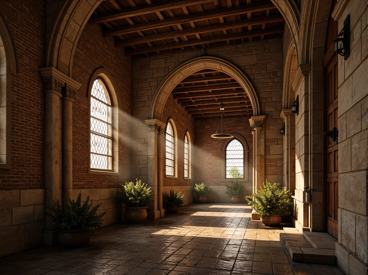 Prompt: Rustic stone walls, ornate carvings, grand arched windows, stained glass details, intricate column capitals, weathered brick facades, medieval-inspired architecture, warm golden lighting, soft misty atmosphere, shallow depth of field, 1/2 composition, symmetrical framing, rich textures, ambient occlusion.