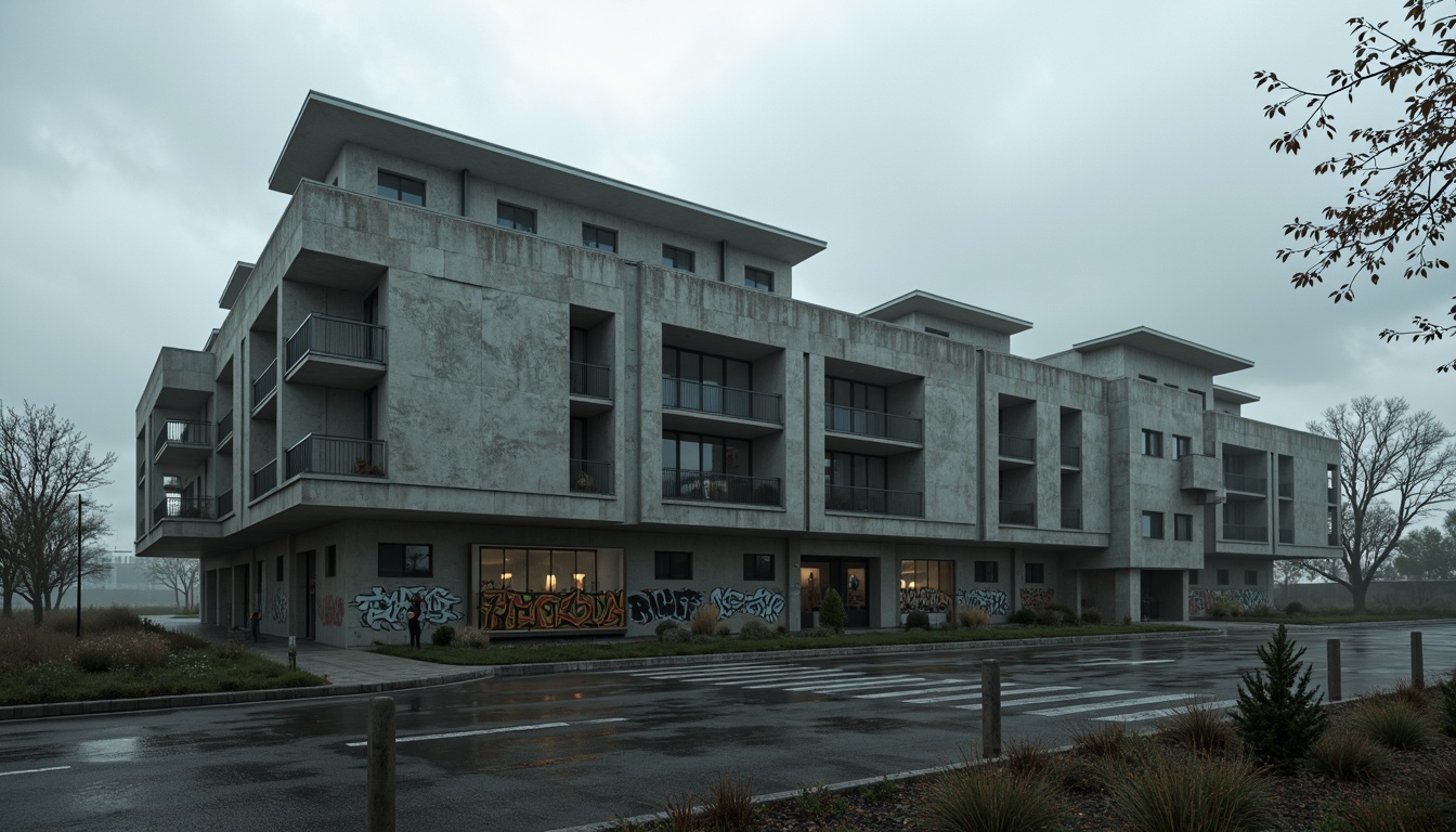 Prompt: Rugged high school building, brutalist architecture, raw concrete facade, bold geometric shapes, fortress-like structure, dramatic cantilevered roofs, industrial metal accents, gritty urban landscape, overcast sky, harsh lighting, deep shadows, abstract graffiti, urban decay textures, 3/4 composition, dynamic angles, cinematic mood, atmospheric fog effects.