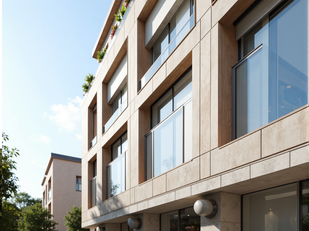 Prompt: Modern building facade, sleek glass surfaces, metallic accents, neutral color palette, soft pastel hues, calming whites, warm beige tones, rich wood textures, minimalist design, urban cityscape, clear blue sky, morning sunlight, gentle shadows, subtle gradient effects, 1/1 composition, shallow depth of field, realistic reflections.