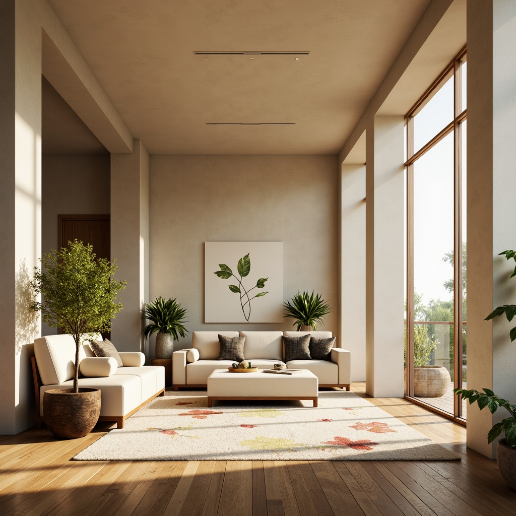 Prompt: Elegant modern interior, minimalist decor, soft natural lighting, warm beige walls, polished wooden floors, sleek low-profile furniture, plush area rugs, vibrant greenery, delicate floral patterns, subtle texture contrasts, 1/1 composition, shallow depth of field, realistic renderings, ambient occlusion.