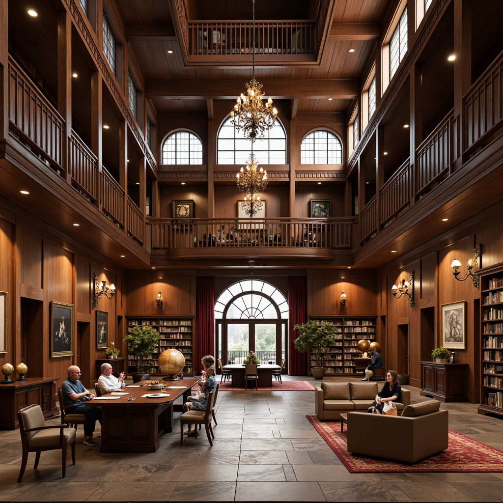 Prompt: Traditional academic atmosphere, wooden paneling, rich brown tones, ornate chandeliers, grand staircase, spacious atrium, natural stone flooring, classic columns, arches, vaulted ceilings, warm lighting, comfortable seating areas, wooden desks, leather-bound books, vintage globes, educational artwork, subtle color schemes, soft carpeting, acoustic panels, minimalist decor, functional shelving units, elegant conference rooms, professional audiovisual equipment, collaborative workspaces.