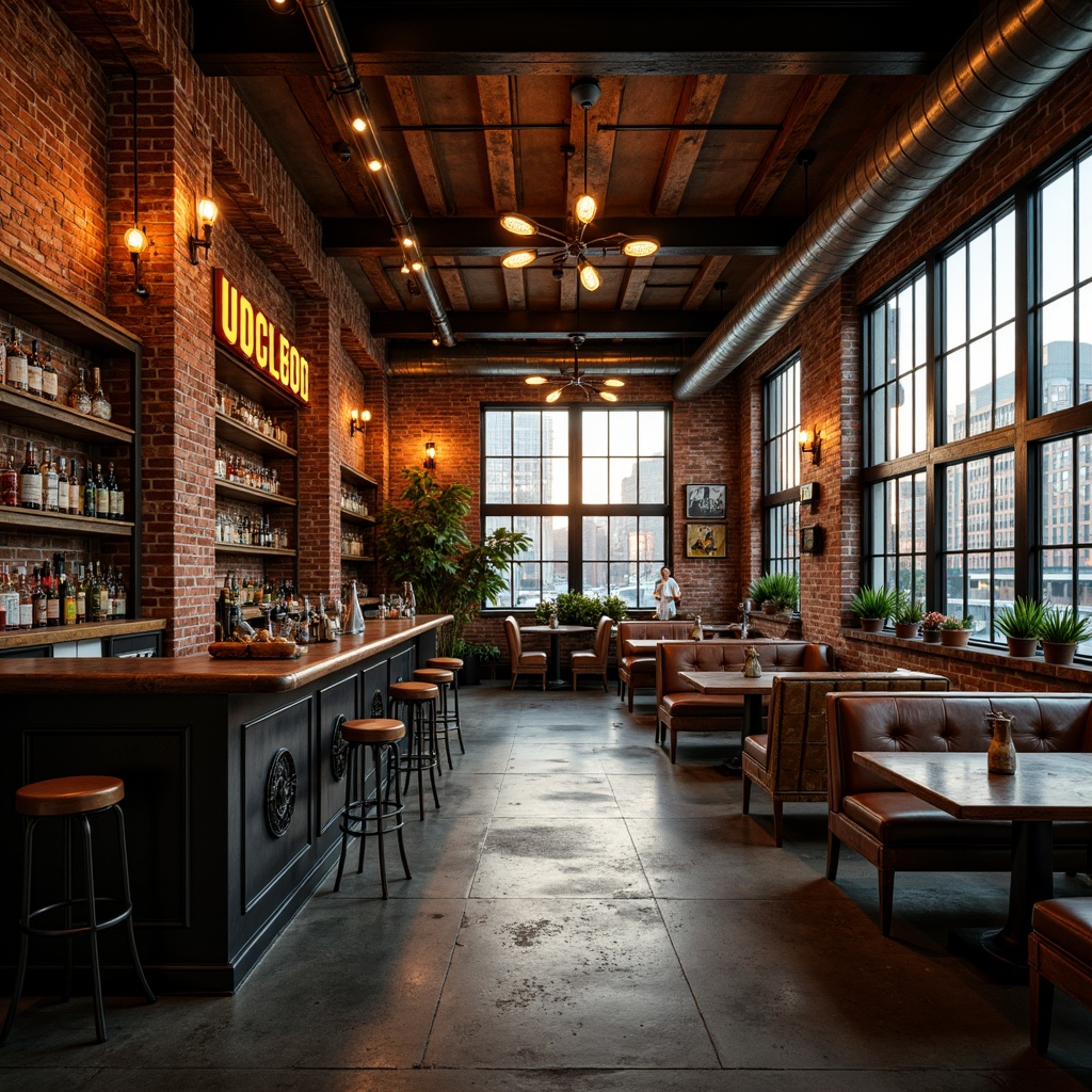 Prompt: Rustic industrial bar, exposed brick walls, metallic beams, reclaimed wood accents, distressed concrete floors, vintage factory windows, Edison bulb lighting, rich leather upholstery, ornate metalwork details, bold typography signage, urban cityscape views, warm golden hour lighting, shallow depth of field, 2/3 composition, gritty realistic textures, ambient occlusion.