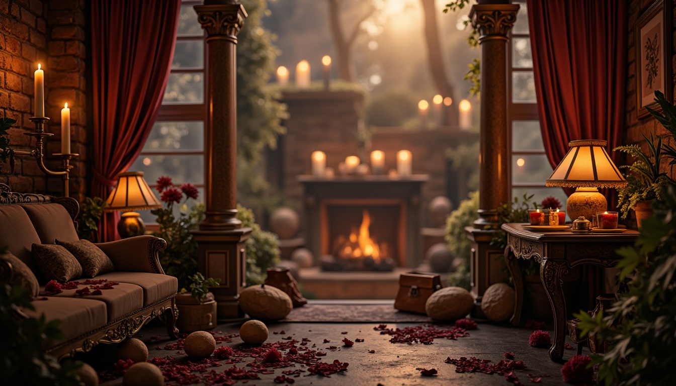 Prompt: Mystical atmosphere, warm candlelight, rich velvet drapes, luxurious fabrics, soft focus, dreamy mist, whimsical florals, ornate gold accents, distressed textures, vintage antique elements, moody chiaroscuro lighting, dramatic shadows, warm earth tones, muted pastels, bold berry hues, lavish jewel tones, intricate lace details, romantic script typography.