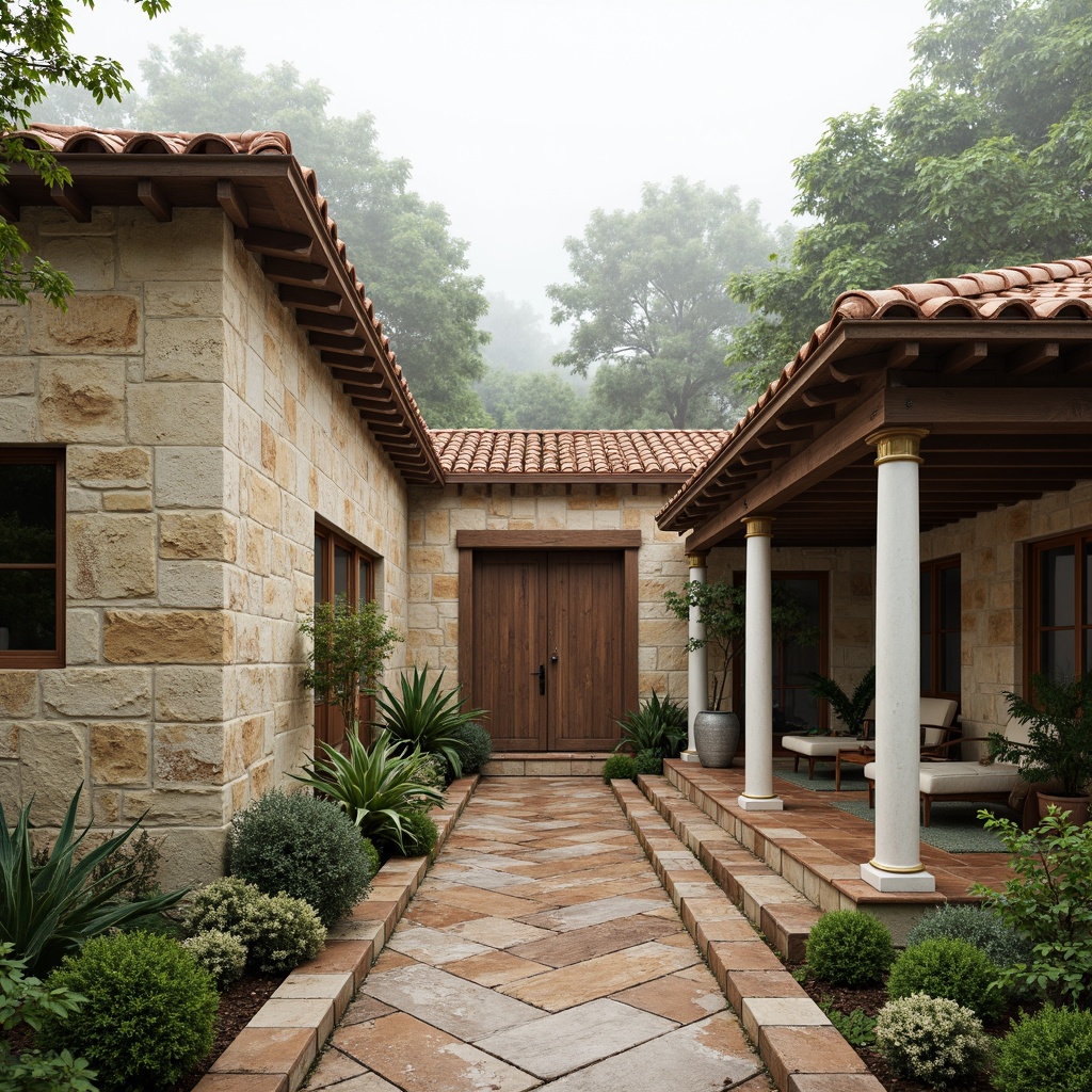 Prompt: Richly textured stone walls, earthy tone terracotta roofs, warm beige stucco facades, soft mint green accents, creamy white marble columns, weathered copper details, rustic wooden doors, serene natural surroundings, lush greenery, subtle misty atmosphere, soft diffused lighting, 2/3 composition, symmetrical balance, harmonious color harmony, nuanced material contrast.