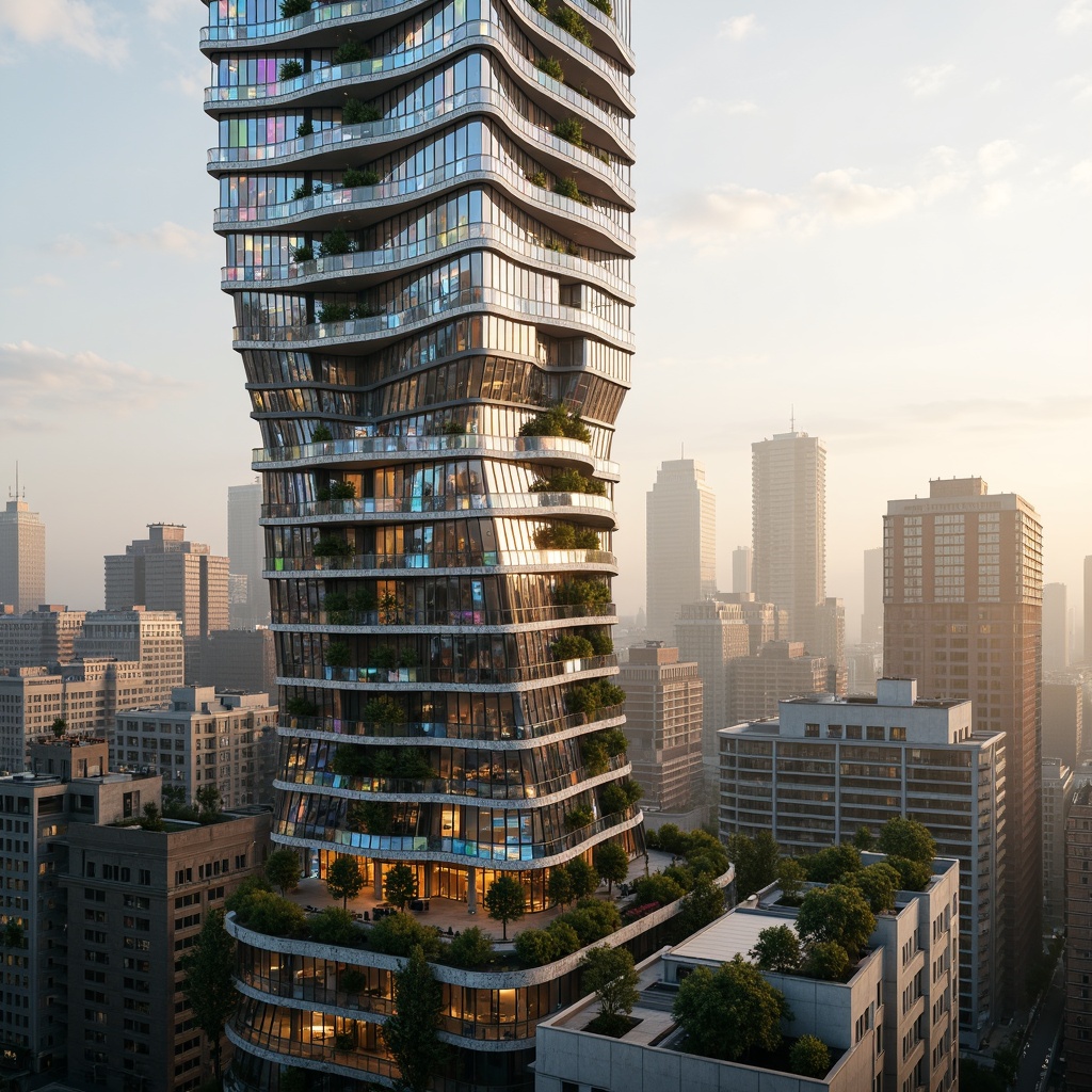 Prompt: Curvaceous skyscraper, undulating facade, biomimetic architecture, iridescent glass, gradient colors, soft rounded edges, fluid shapes, organic patterns, natural stone cladding, green roofs, lush rooftop gardens, misty morning atmosphere, warm golden lighting, shallow depth of field, 1/1 composition, panoramic view, realistic textures, ambient occlusion.