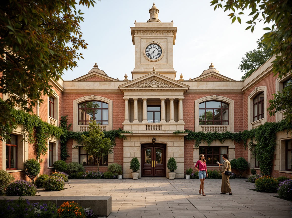 Prompt: Classical clock tower, stone fa\u00e7ade, ornate details, symmetrical architecture, grand entrance, columned portico, intricate carvings, stained glass windows, Gothic arches, ribbed vaults, warm beige tones, rustic brick walls, ivy-covered surfaces, lush greenery, vibrant flowers, educational signage, natural stone walkways, paved courtyards, soft warm lighting, shallow depth of field, 3/4 composition, realistic textures, ambient occlusion.Let me know if this meets your requirements!