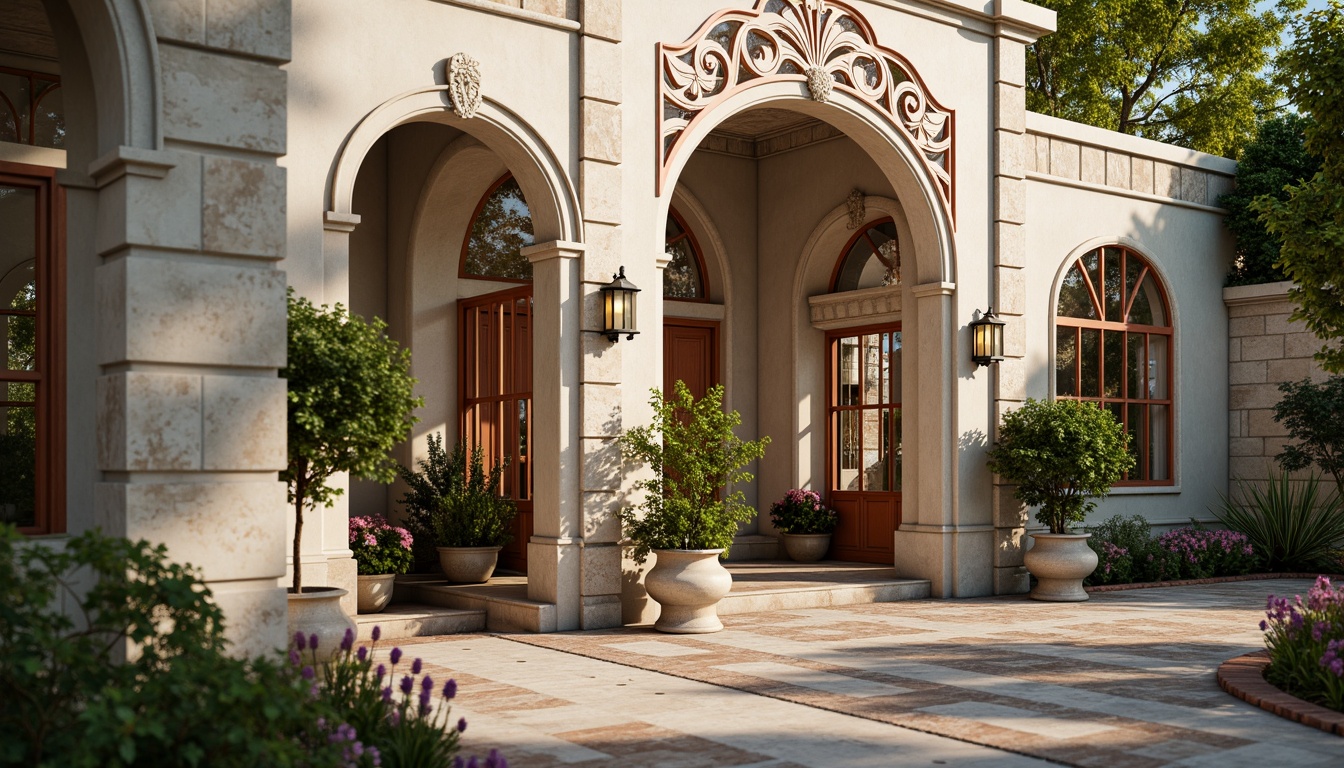 Prompt: Whimsical clinic facade, ornate Victorian details, soft pastel colors, delicate filigree patterns, grand entrance archways, elegant columns, intricate stonework, lush greenery, blooming flowers, natural stone walls, stained glass windows, warm golden lighting, shallow depth of field, 1/2 composition, romantic atmosphere, realistic textures, ambient occlusion.