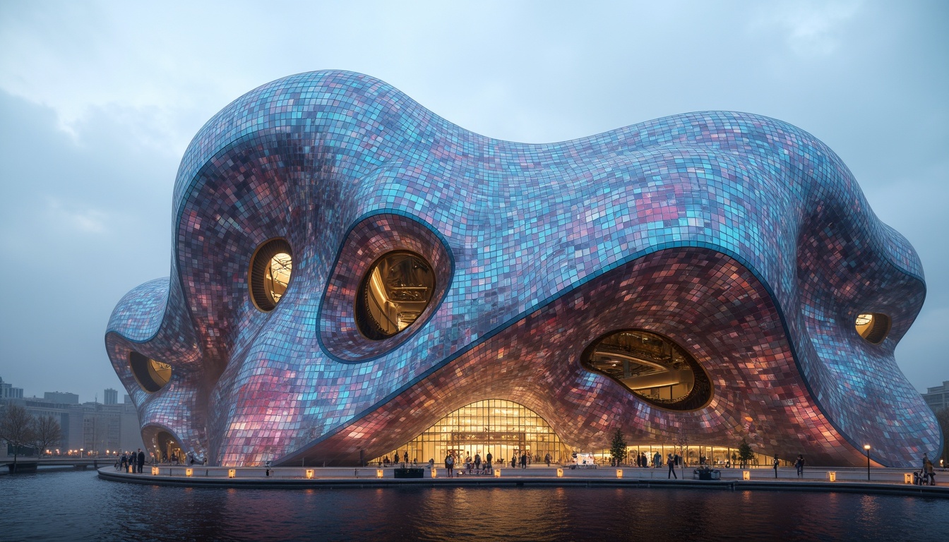 Prompt: Organic blob-shaped building, futuristic architecture, iridescent colors, reflective metallic surfaces, parametric design, undulating curves, dynamic patterns, LED lighting installations, translucent glass fa\u00e7ades, misty atmosphere, soft focus, shallow depth of field, 1/2 composition, abstract textures, ambient occlusion.