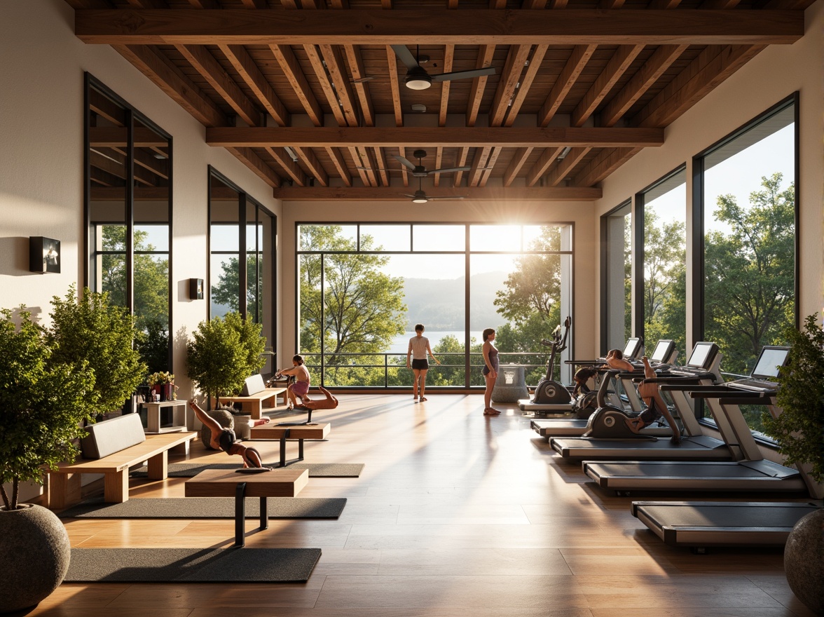 Prompt: Modern fitness club interior, high ceilings, large windows, natural light pouring in, polished wood floors, mirrored walls, state-of-the-art exercise equipment, free weights, treadmills, stationary bikes, yoga mats, stretching areas, calm ambiance, soft warm lighting, shallow depth of field, 1/1 composition, realistic textures, ambient occlusion, plants and greenery, water features, stone accents, minimalist decor, neutral color palette, wooden beams, open space layout, functional zones, dynamic lines, energetic atmosphere.