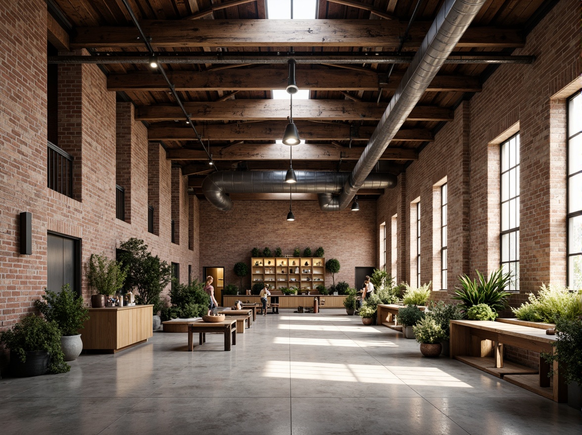 Prompt: Retro-industrial warehouse, exposed brick walls, reclaimed wood accents, metal beams, polished concrete floors, natural ventilation systems, solar panels, green roofs, rainwater harvesting systems, eco-friendly materials, minimalist decor, functional open spaces, industrial-chic lighting, soft warm ambiance, shallow depth of field, 3/4 composition, panoramic view, realistic textures, ambient occlusion.