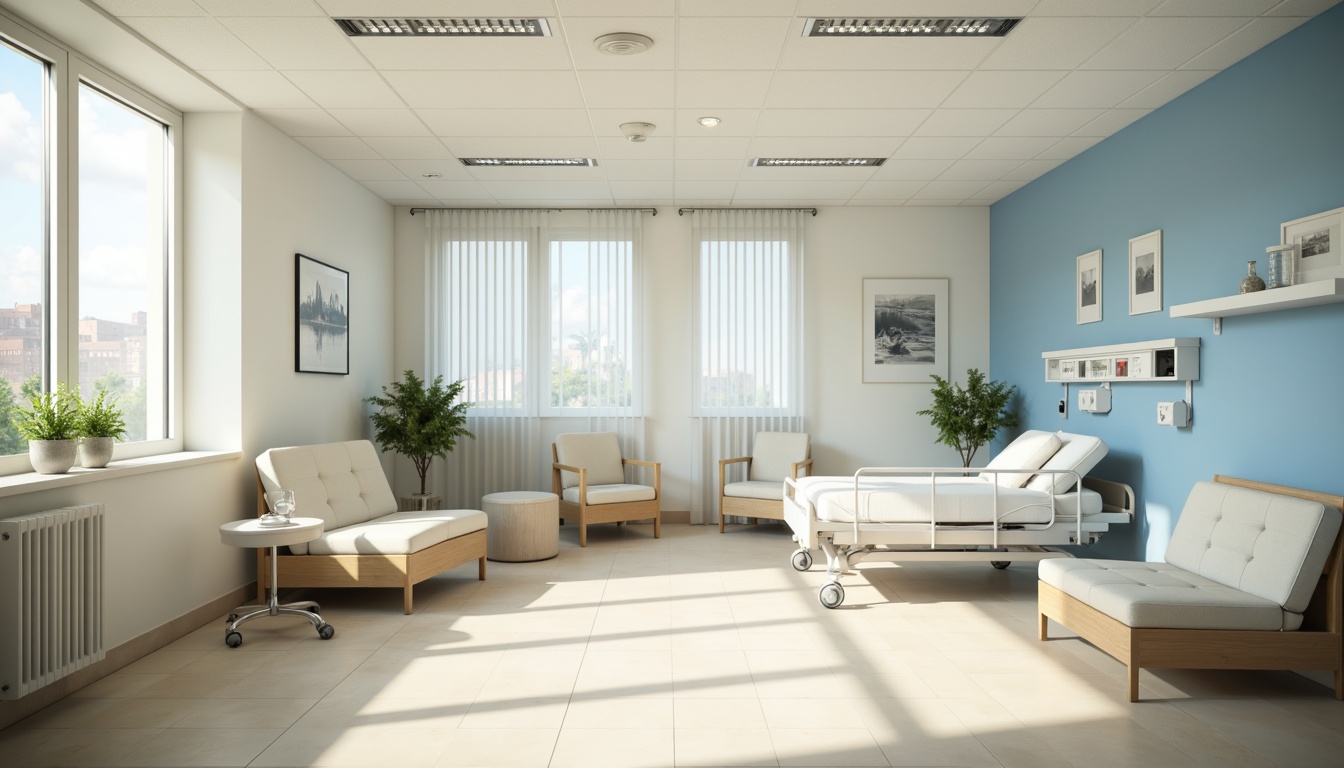 Prompt: Calming hospital interior, powder blue accent walls, soft creamy whites, warm beige flooring, gentle natural light, comfortable patient rooms, sleek medical equipment, minimalist decor, soothing ambiance, peaceful atmosphere, subtle texture contrasts, 1/1 composition, soft focus, shallow depth of field, realistic render.