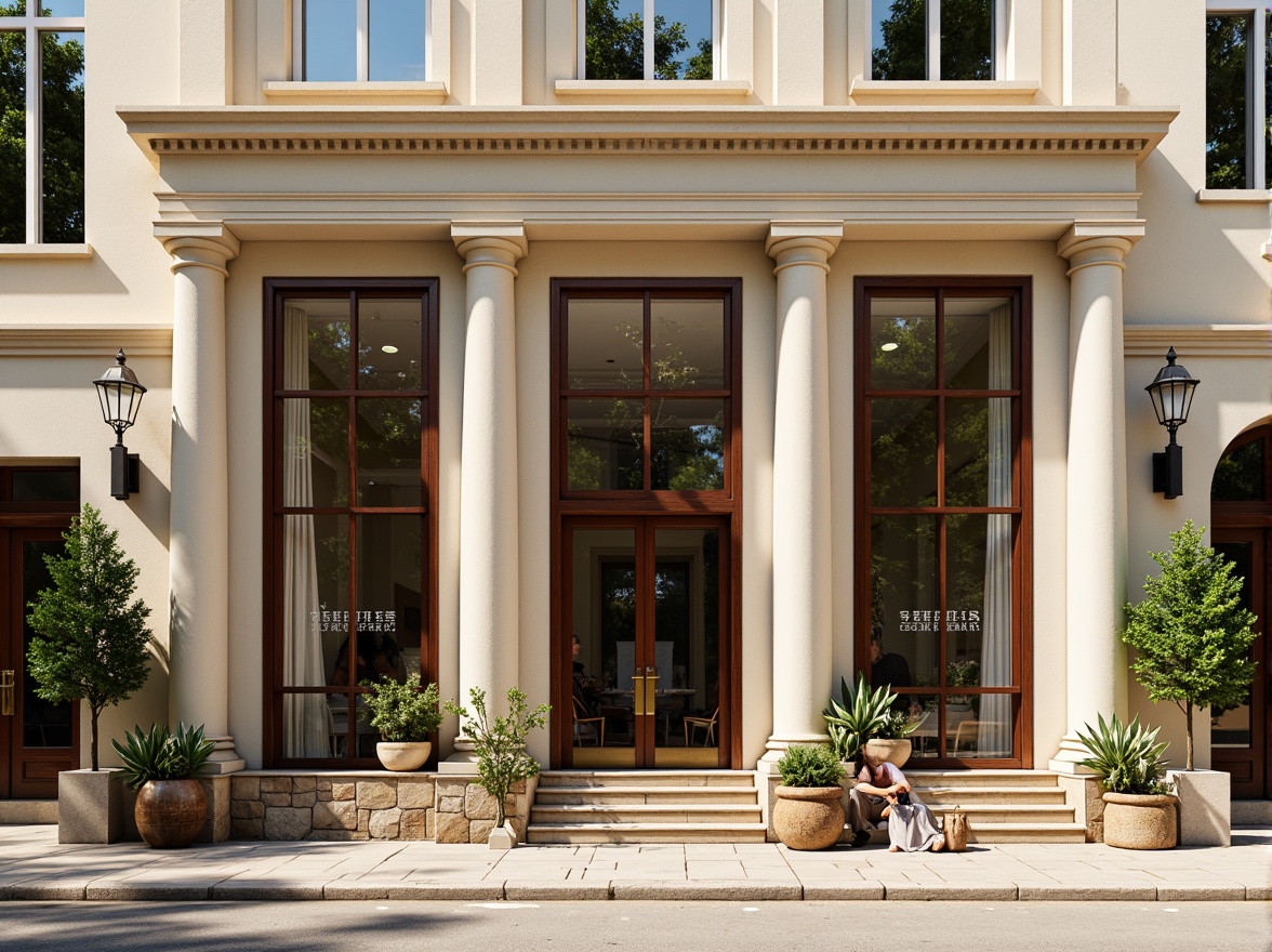 Prompt: Elegant coffee shop facade, neoclassical columns, ornate cornices, symmetrical composition, grand entrance, wooden doors, bronze hardware, large windows, frosted glass, subtle arches, soft cream-colored walls, rustic stone base, lush greenery, potted plants, outdoor seating area, warm sunny day, soft natural lighting, shallow depth of field, 1/1 composition, realistic textures, ambient occlusion.