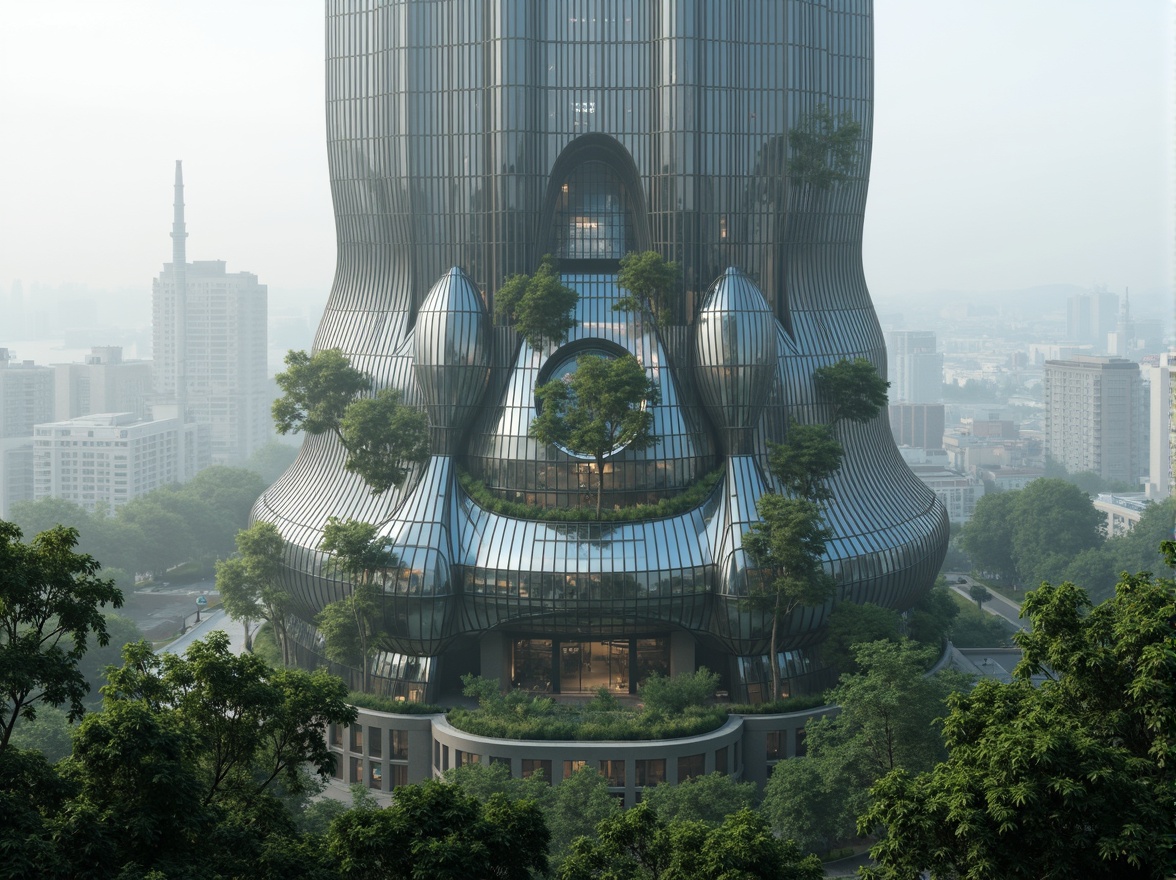 Prompt: Curvaceous skyscraper, undulating facade, bulbous protrusions, iridescent glass surfaces, organic shapes, fluid lines, futuristic architecture, sustainable design, green roofs, lush vegetation, misty atmosphere, soft natural light, shallow depth of field, 1/2 composition, cinematic view, realistic textures, ambient occlusion, morning fog, urban jungle.