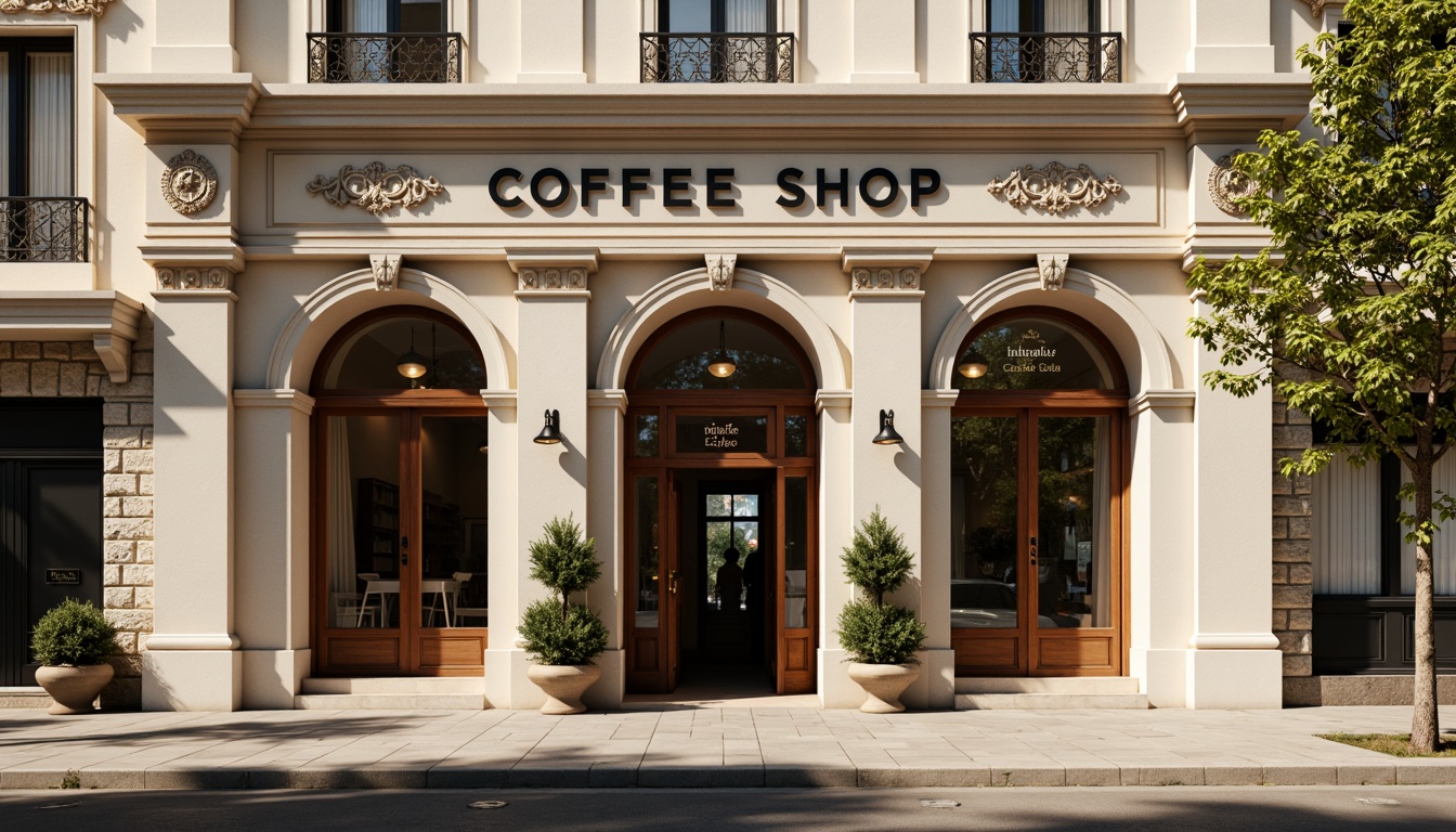 Prompt: Elegant coffee shop facade, neoclassical architecture style, symmetrical composition, ornate details, grand entrance, arched windows, Corinthian columns, cream-colored stone walls, subtle rustication, decorative pilasters, ornamental pediment, rich wood accents, bronze door handles, vintage-inspired signage, soft warm lighting, inviting atmosphere, urban street context, morning sunlight, shallow depth of field, 1/2 composition, realistic textures, ambient occlusion.