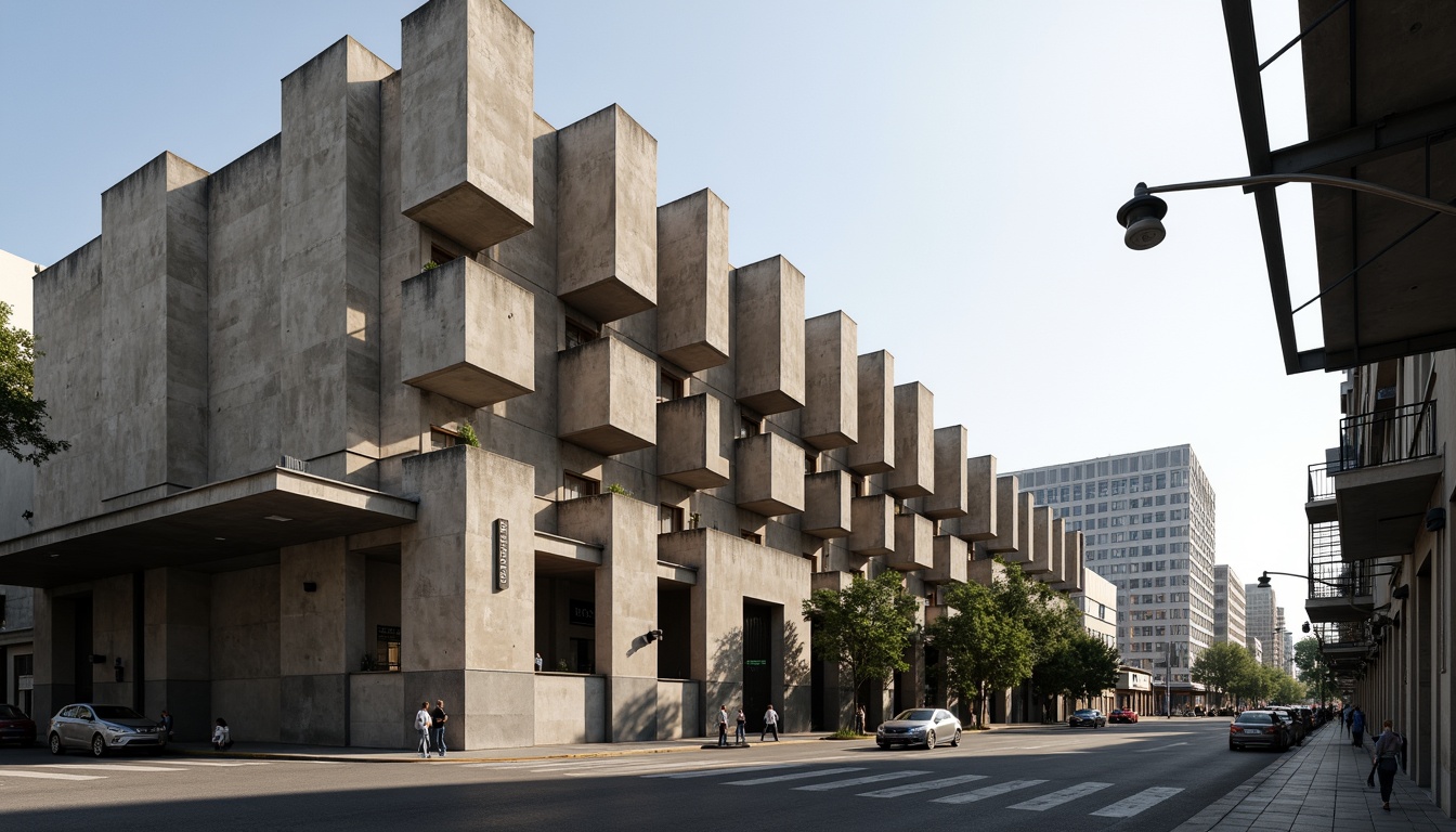 Prompt: Exposed concrete walls, rugged textures, fortress-like structures, monumental scale, raw unfinished surfaces, bold geometric forms, angular lines, minimal ornamentation, functional simplicity, industrial materials, steel beams, brutalist columns, cantilevered roofs, dramatic shadows, high-contrast lighting, urban cityscape, busy streets, modern metropolitan atmosphere, 3/4 composition, low-angle shot, realistic rendering, ambient occlusion.