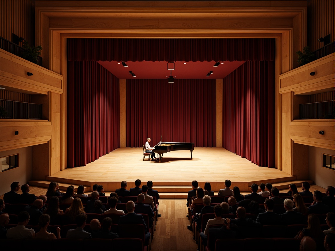 Prompt: Intimate concert hall, wooden stage, grand piano, velvet curtains, plush audience seating, sound-absorbing panels, acoustic diffusers, reverberation-enhancing architecture, warm ambient lighting, subtle color scheme, rich wood tones, ornate details, precise sound reflection, 1/2 composition, shallow depth of field, soft focus, realistic textures, ambient occlusion.