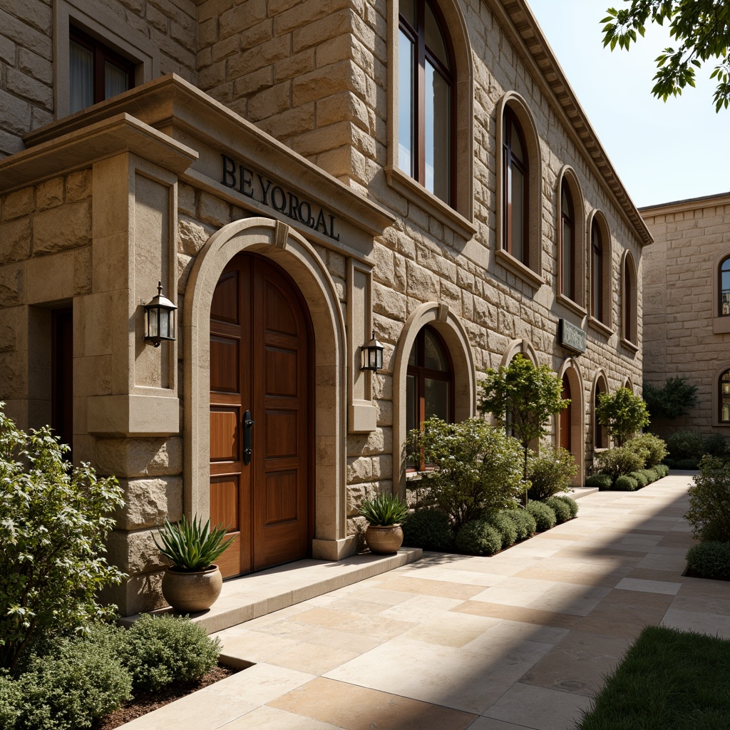 Prompt: Rustic school building, Romanesque style architecture, weathered stone walls, arched windows, ornate carvings, vaulted ceilings, grand entrance halls, polished marble floors, wooden classroom doors, vintage metal lanterns, lush green courtyard, blooming flowerbeds, sunny afternoon, soft warm lighting, shallow depth of field, 1/2 composition, realistic textures, ambient occlusion.