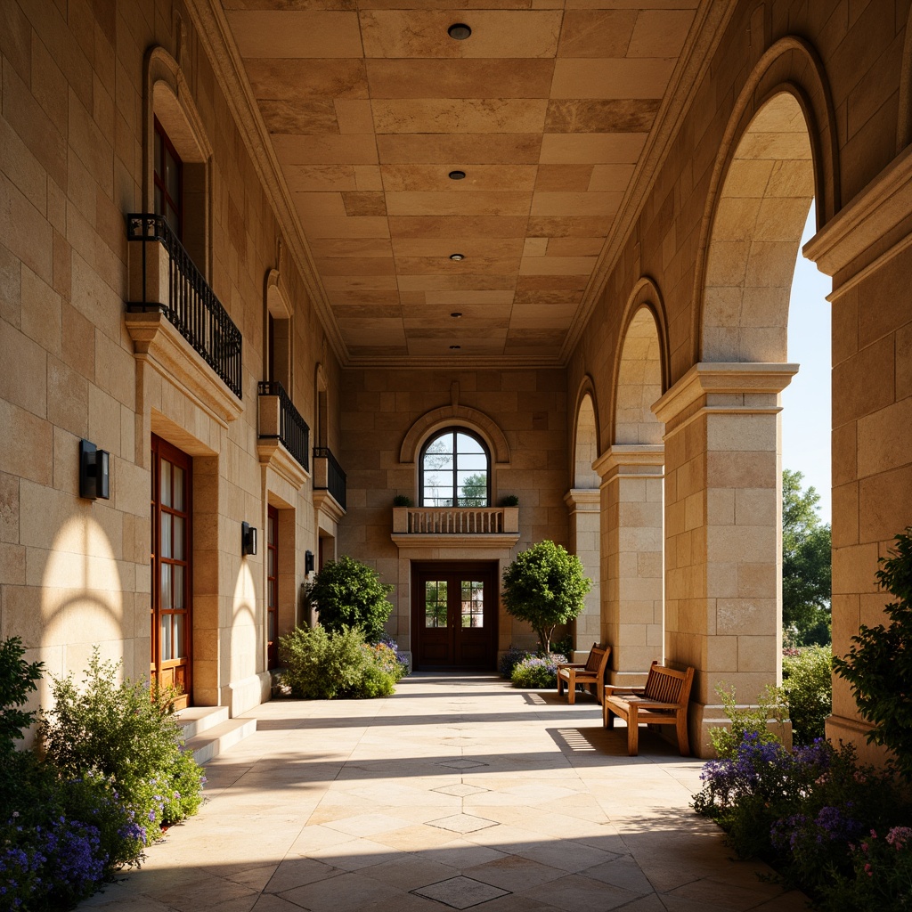 Prompt: Rustic school building, warm beige stone walls, arched windows, ornate doorways, carved stonework, intricate column details, vaulted ceilings, grand entrance halls, wooden benches, decorative ironwork, lush greenery, blooming flowers, natural light pouring in, soft warm atmosphere, shallow depth of field, 1/1 composition, realistic textures, ambient occlusion.