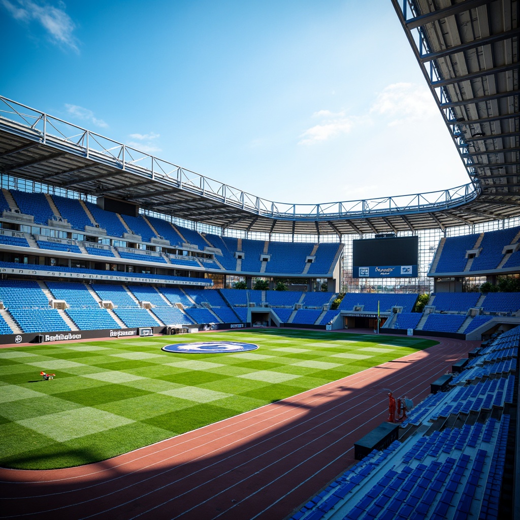 Prompt: Vibrant sports stadium, electric blue seating, bright white track lines, lush green grass, dynamic LED scoreboard, modern steel beams, bold geometric patterns, warm sunny day, high-contrast lighting, shallow depth of field, 2/3 composition, cinematic view, realistic textures, ambient occlusion, energetic atmosphere.