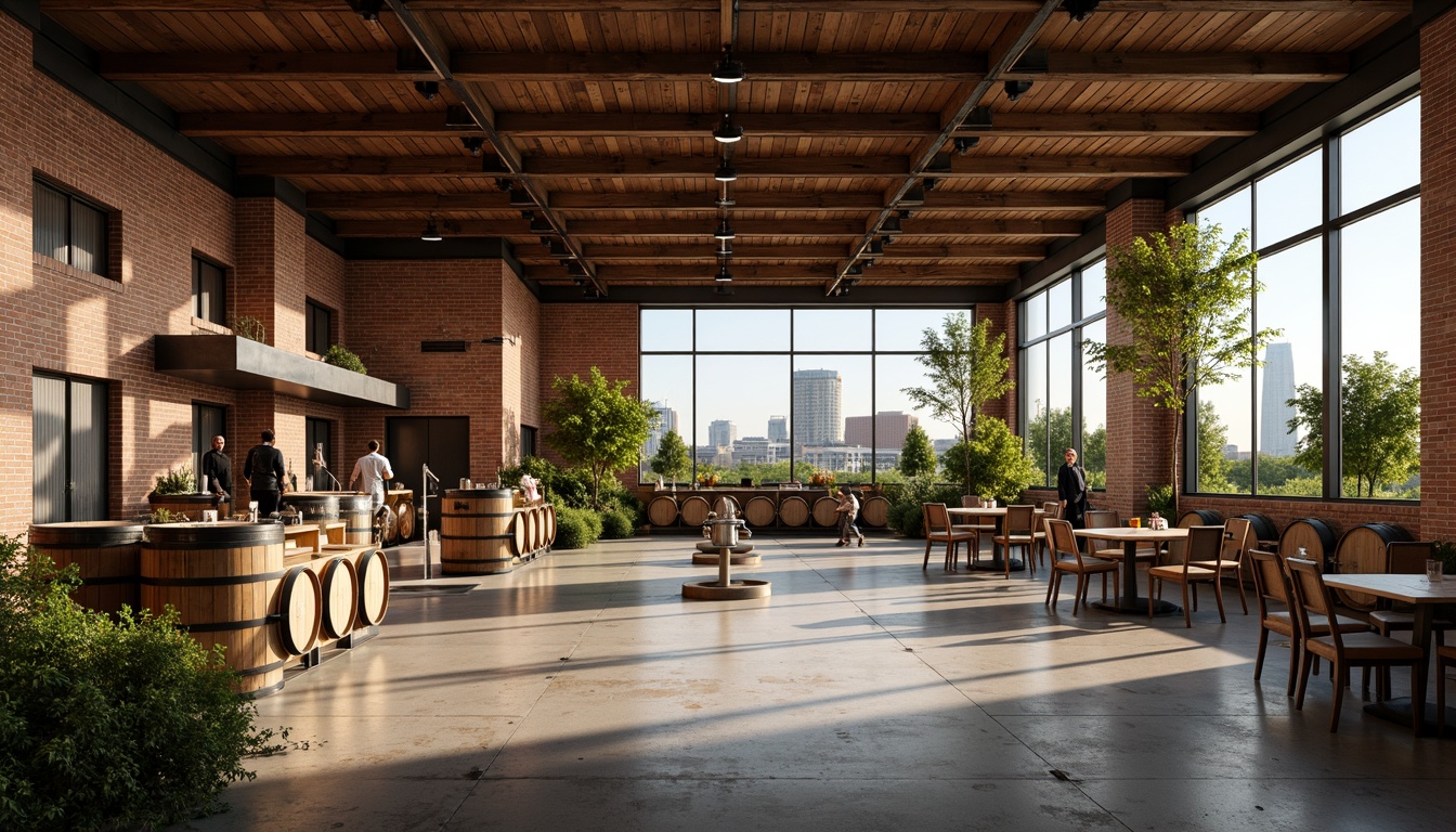 Prompt: Rustic winery, industrial chic, exposed brick walls, wooden barrels, metal accents, urban skyline, cityscape integration, modern structuralism, angular lines, minimalist design, reclaimed wood, polished concrete floors, large windows, natural light, soft warm lighting, shallow depth of field, 3/4 composition, panoramic view, realistic textures, ambient occlusion, vibrant greenery, lush vines, wine-making equipment, fermentation tanks, oak aging barrels, wine cellar, tasting room, rustic decor, earthy tones.