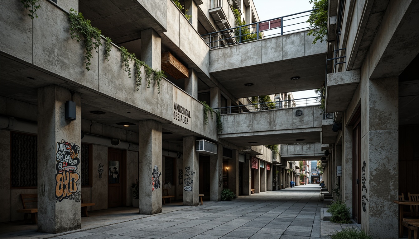 Prompt: Rugged brutalist architecture, concrete textures, rough stone walls, industrial materials, urban cityscape, moody atmospheric lighting, dramatic shadows, bold geometric shapes, raw unfinished surfaces, muted earthy tones, weathered metal accents, distressed wood elements, abstract graffiti art, urban decay, gritty realism, cinematic composition, high contrast ratio, shallow depth of field.