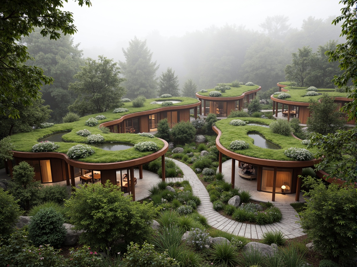 Prompt: Seamless blend of building and nature, organic curves, lush green roofs, native plant species, meandering walkways, natural stone walls, wooden accents, earthy color palette, soft diffused lighting, misty atmosphere, shallow depth of field, 1/2 composition, intimate scale, serene ambiance, eco-friendly materials, sustainable design principles, minimal visual impact, harmonious coexistence.