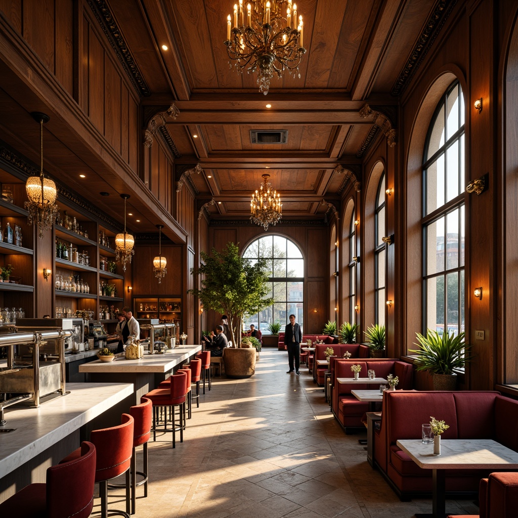 Prompt: Elegant coffee shop interior, rich wood tones, polished marble countertops, ornate metal fixtures, velvet upholstery, intricate moldings, high ceilings, grand chandeliers, warm golden lighting, soft focus, shallow depth of field, 1/2 composition, symmetrical framing, luxurious textiles, subtle patterns, refined color palette, sophisticated ambiance.