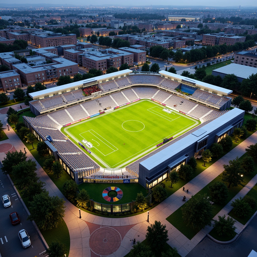 Prompt: Vibrant soccer stadium, urban landscape, mixed-use development, community park, public art installations, pedestrian walkways, bike lanes, accessible seating, inclusive amenities, cultural diversity, dynamic lighting, evening ambiance, 1/1 composition, wide-angle lens, shallow depth of field, realistic materials, ambient occlusion.