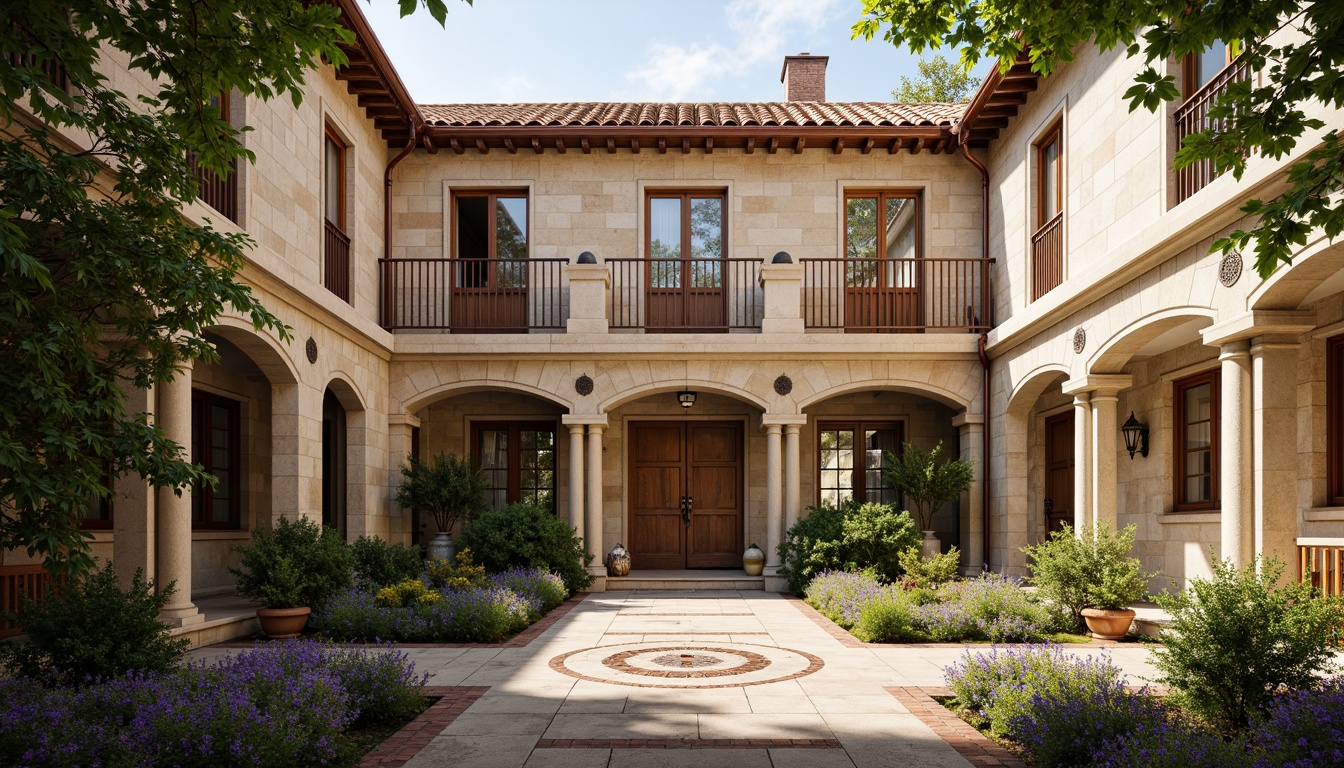 Prompt: Rustic school building, Romanesque architecture, stone walls, arched windows, ornate doorways, brick fa\u00e7ade, terracotta roofing, wooden accents, copper gutters, granite flooring, limestone columns, vibrant stained glass, intricate mosaics, natural light pouring in, warm beige color scheme, classic European-inspired design, historic preservation, serene courtyard, lush greenery, blooming flowers, sunny day, soft warm lighting, shallow depth of field, 3/4 composition, panoramic view, realistic textures, ambient occlusion.