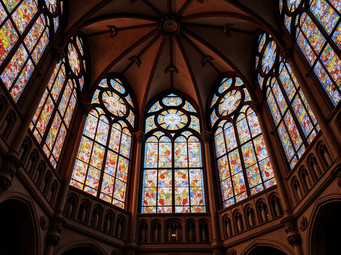 Prompt: Vibrant stained glass windows, intricate ornate designs, kaleidoscope colors, warm soft lighting, gothic architectural style, majestic cathedral ceilings, delicate floral patterns, subtle texture details, rich jewel tones, gentle color gradations, 1/1 composition, shallow depth of field, realistic reflections, ambient occlusion.