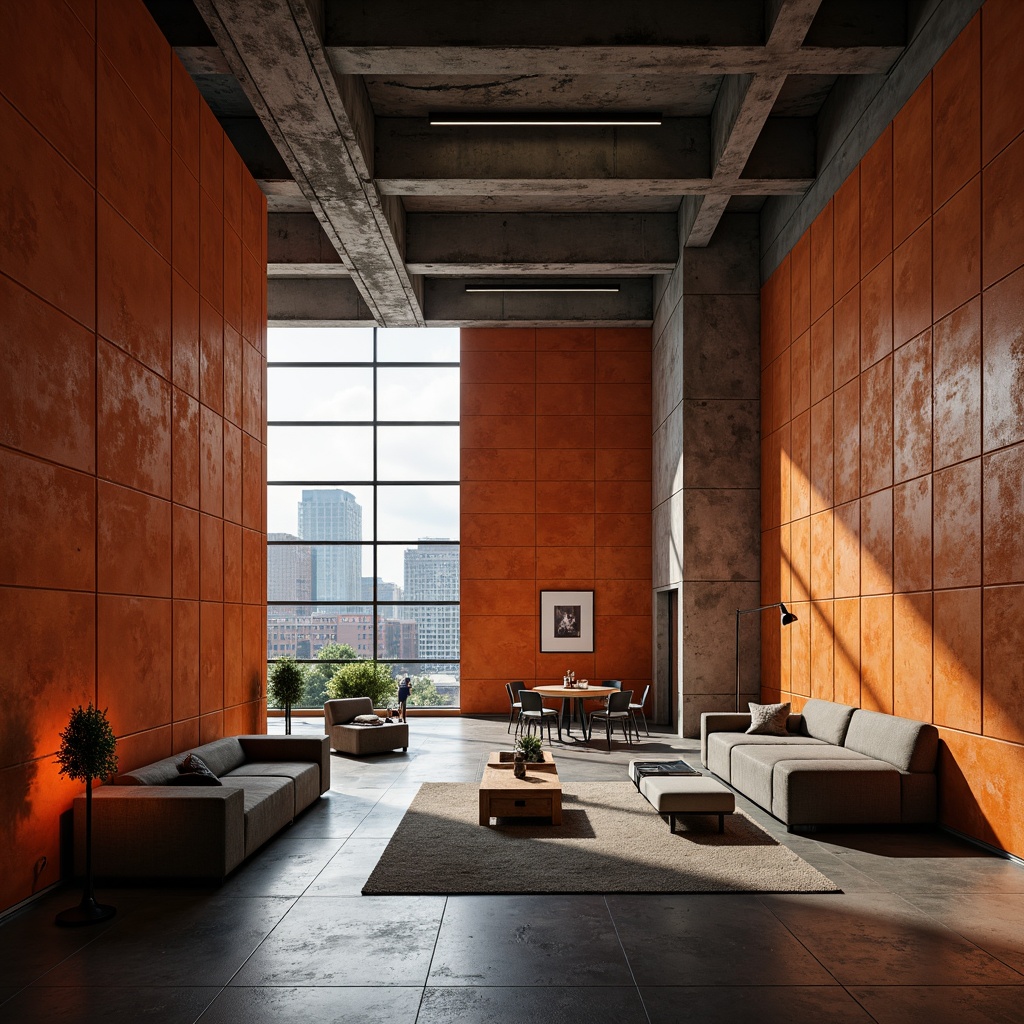 Prompt: Rugged brutalist architecture, persimmon orange accent walls, exposed concrete structures, industrial metal beams, geometric shapes, urban cityscape, overcast sky, dramatic shadows, warm artificial lighting, shallow depth of field, 2/3 composition, high contrast ratio, realistic textures, ambient occlusion, modern minimalist decor, functional furniture design.