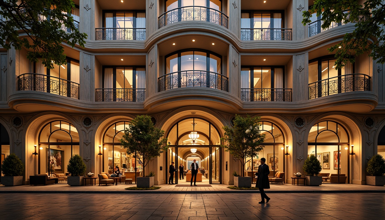 Prompt: Ornate hotel facade, curved lines, flowing botanical patterns, sinuous ironwork, stained glass windows, grand entrance, majestic archways, intricate moldings, ornamental tiling, lavish balconies, asymmetrical composition, warm golden lighting, soft focus, shallow depth of field, 2/3 composition, vibrant colorful textures, realistic materials, ambient occlusion.