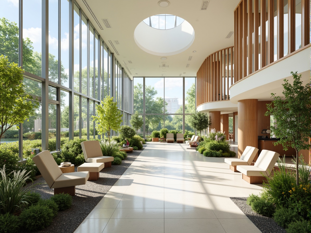 Prompt: Calming hospital interior, abundant natural light, floor-to-ceiling windows, greenery-filled atriums, warm wood accents, soft pastel colors, ergonomic furniture, comfortable patient rooms, modern medical equipment, gentle curves, non-institutional decor, cozy waiting areas, calming water features, lush indoor gardens, solar tubes, clerestory windows, open floor plans, minimal shading devices, soft diffused lighting, 1/1 composition, subtle textures, realistic reflections.