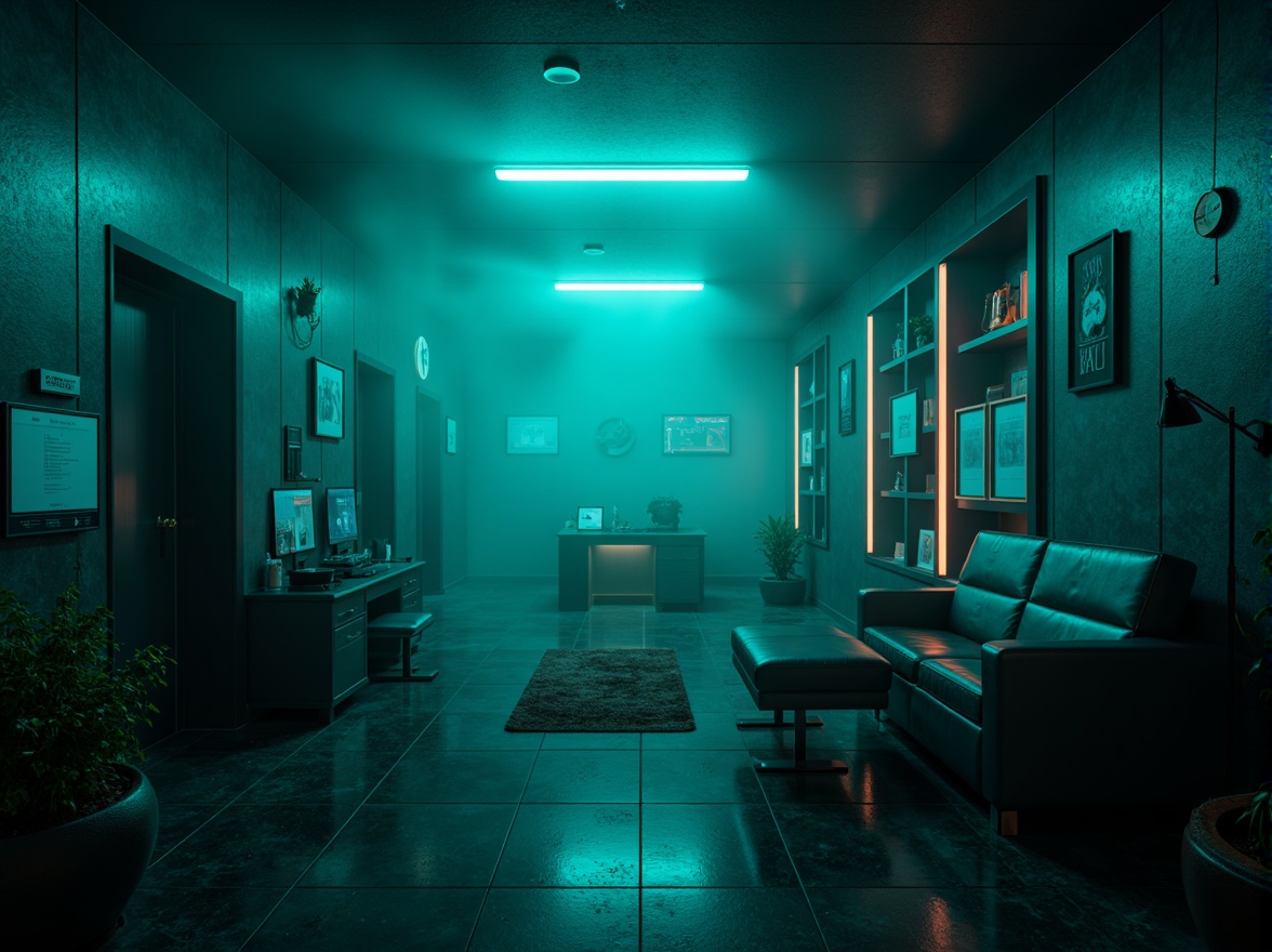 Prompt: Moody dark cyan walls, mysterious ambiance, futuristic neon lights, metallic accents, high-tech gadgets, sleek modern furniture, minimalist decor, abstract digital art, atmospheric mist, dramatic shadows, cinematic lighting, 1/1 composition, shallow depth of field, realistic reflections, ambient occlusion.