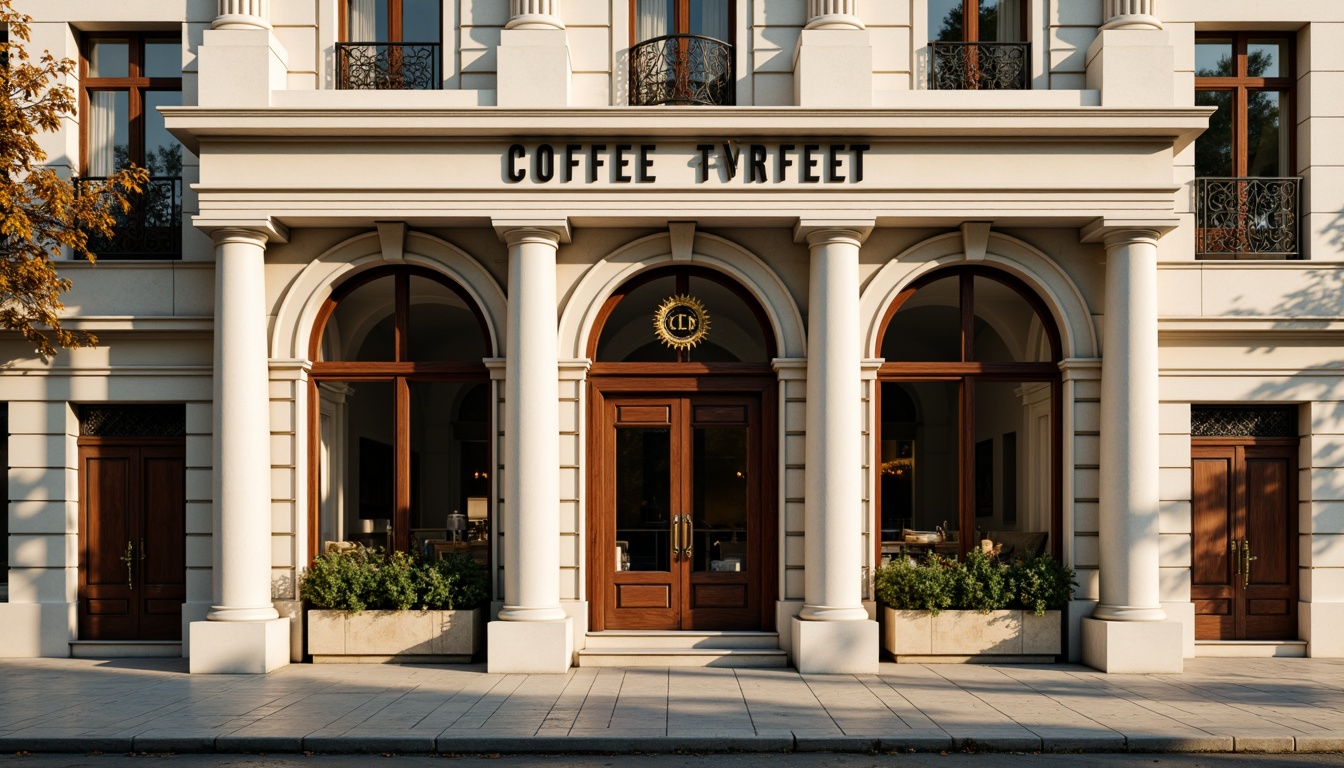 Prompt: Elegant coffee shop facade, neoclassical architecture style, symmetrical composition, ornate details, grand entrance, arched windows, Corinthian columns, cream-colored stone walls, subtle rustication, decorative pilasters, ornamental pediment, rich wood accents, bronze door handles, vintage-inspired signage, soft warm lighting, inviting atmosphere, urban street context, morning sunlight, shallow depth of field, 1/2 composition, realistic textures, ambient occlusion.