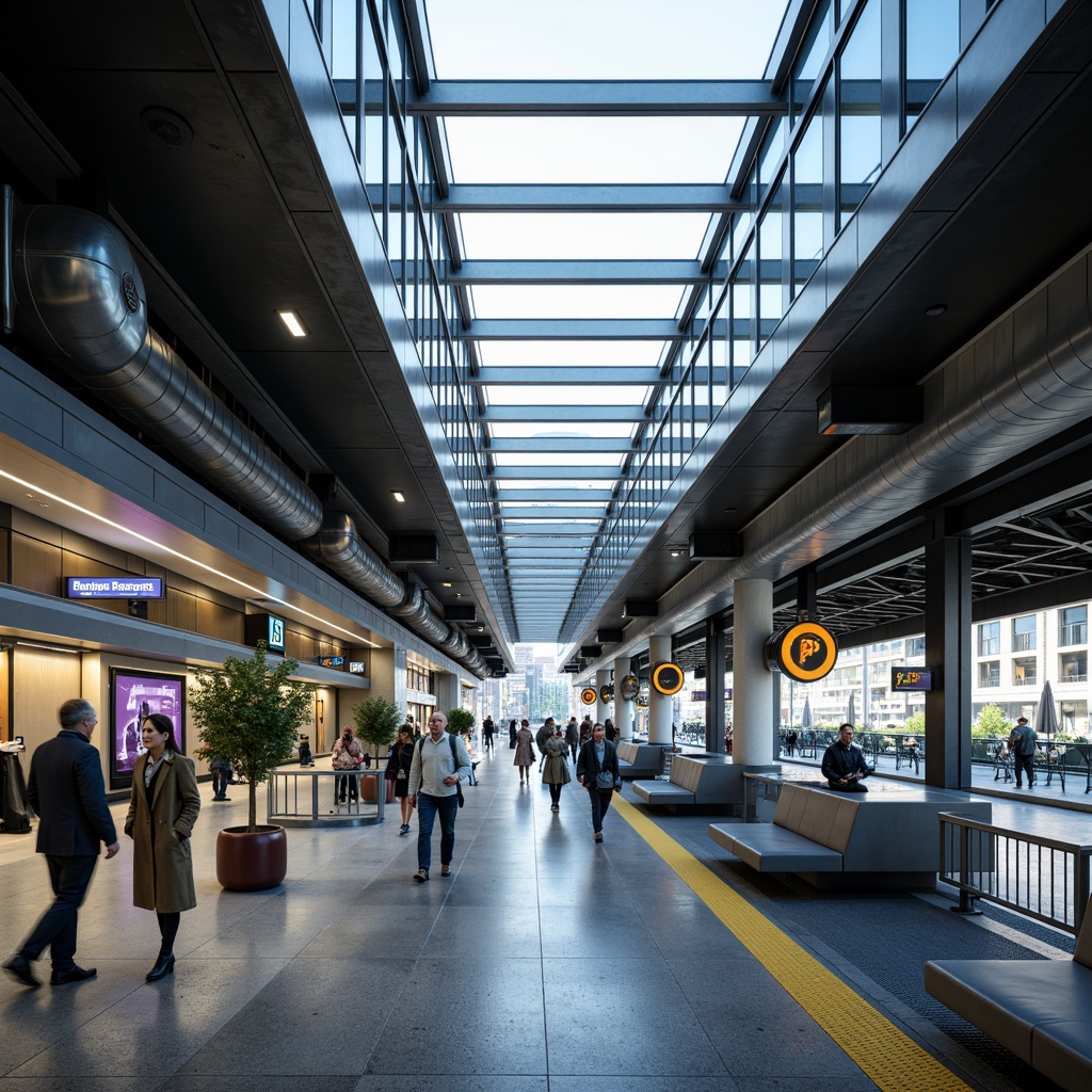 Prompt: Modern transportation hub, sleek metal fa\u00e7ade, glass roofs, polished concrete floors, industrial-style lighting, exposed ductwork, minimalist seating areas, stainless steel handrails, LED signage, dynamic digital displays, futuristic architecture, high-tech materials, metallic accents, reflective surfaces, angular lines, urban cityscape, bustling atmosphere, morning rush hour, soft natural light, shallow depth of field, 1/1 composition, realistic textures, ambient occlusion.