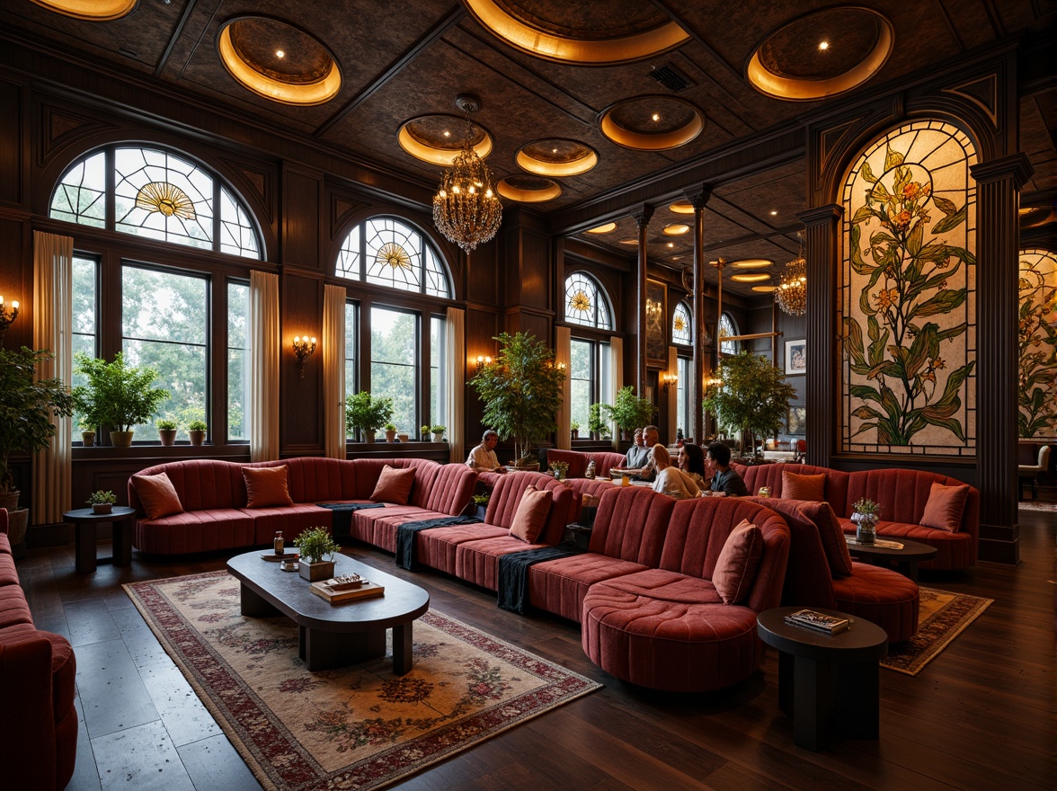 Prompt: Opulent lounge, sinuous lines, flowing curves, organic forms, botanical patterns, stained glass windows, intricate metalwork, ornate chandeliers, velvet upholstery, rich wood tones, luxurious fabrics, subtle color palette, soft warm lighting, shallow depth of field, 2/3 composition, symmetrical arrangement, realistic textures, ambient occlusion.