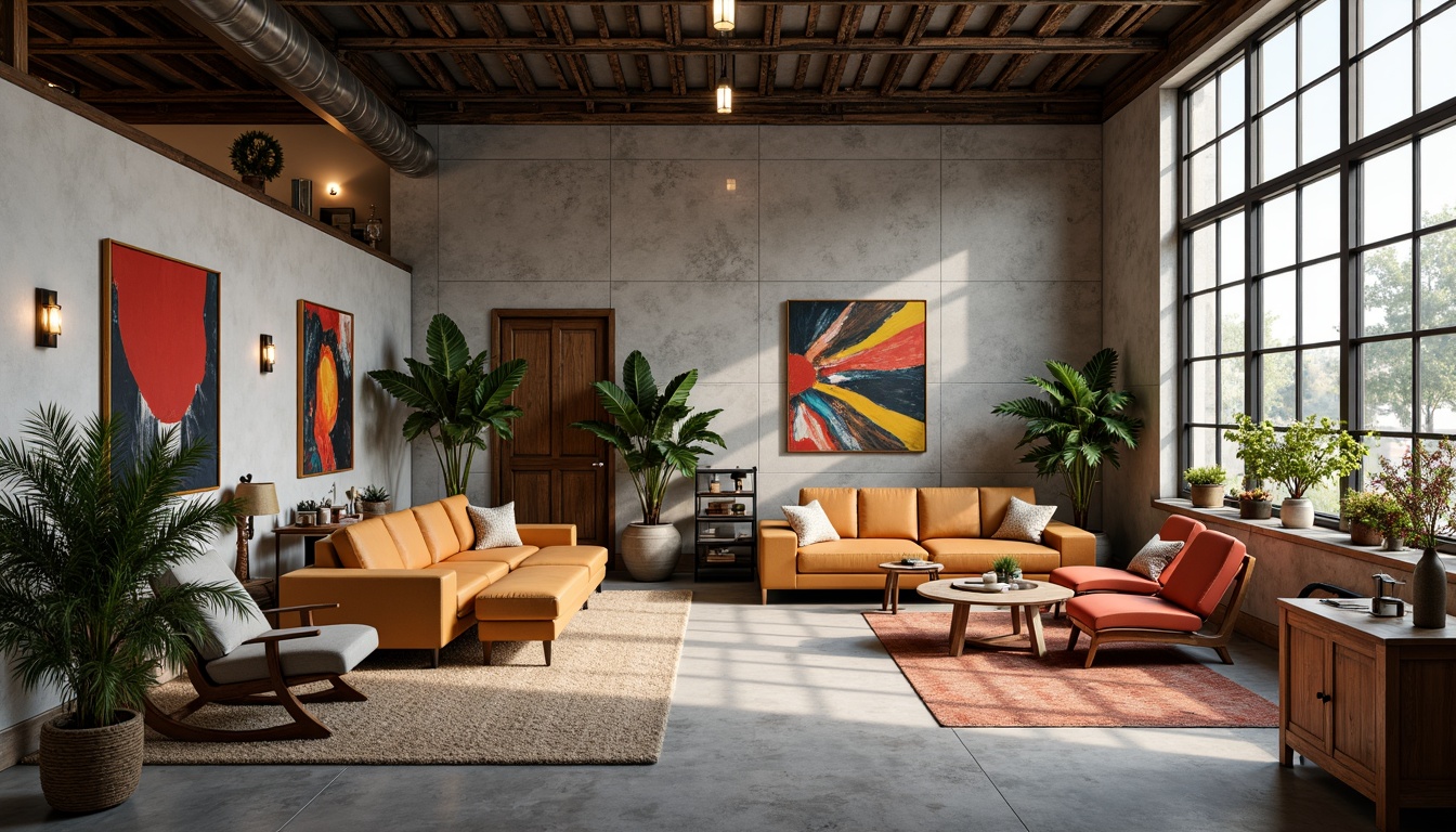 Prompt: Vibrant design studio, modern artistic space, eclectic furniture pieces, bold color accents, abstract artwork, industrial metal beams, polished concrete floors, natural light pouring in, warm cozy atmosphere, softbox lighting, 3/4 composition, shallow depth of field, realistic textures, ambient occlusion.