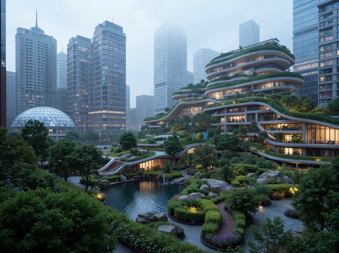 Prompt: Organic blob-shaped skyscrapers, futuristic architecture, lush green roofs, verdant walls, curvaceous lines, iridescent glass facades, reflective metal surfaces, neon-lit cityscape, vibrant LED lights, misty atmosphere, soft gradient skies, shallow depth of field, 3/4 composition, panoramic view, realistic textures, ambient occlusion, urban jungle, metropolitan oasis, elevated parks, rooftop gardens, cascading water features, natural stone accents, reclaimed wood elements.