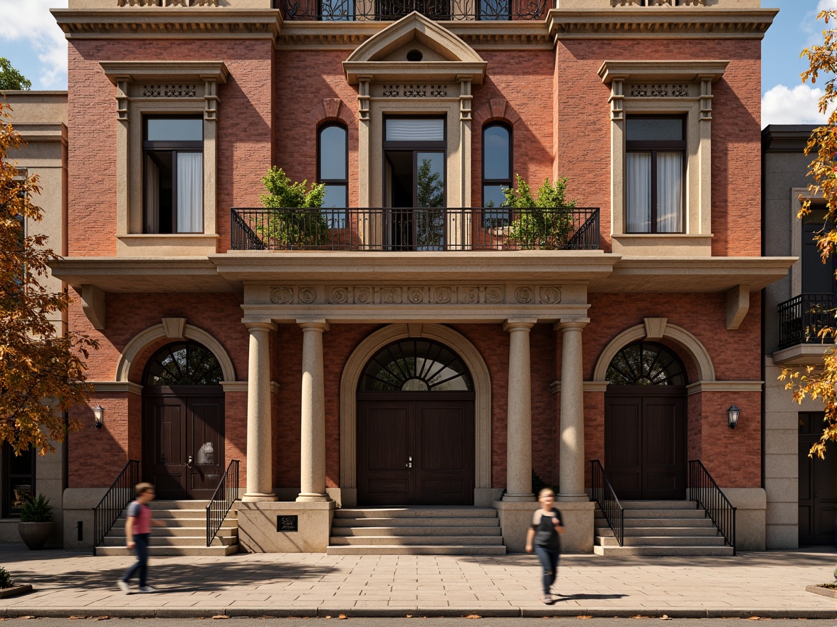 Prompt: Historic courthouse building, ornate brick facade, rusticated quoins, arched windows, grand entrance, columned portico, intricate stone carvings, richly textured brickwork, earthy color palette, warm natural lighting, shallow depth of field, 1/2 composition, symmetrical framing, realistic textures, ambient occlusion.