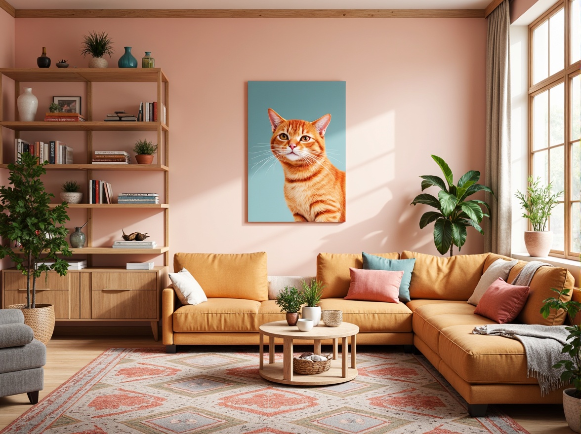 Prompt: Vibrant pastel hues, soft peach tones, bold accent walls, rich jewel-toned furniture, warm golden lighting, creamy whites, deep charcoal grays, lush greenery, natural wood textures, eclectic pattern mixing, bohemian-inspired decor, whimsical illustrations, dreamy watercolor effects, subtle gradient transitions, modern minimalist aesthetic, Scandinavian design influences.